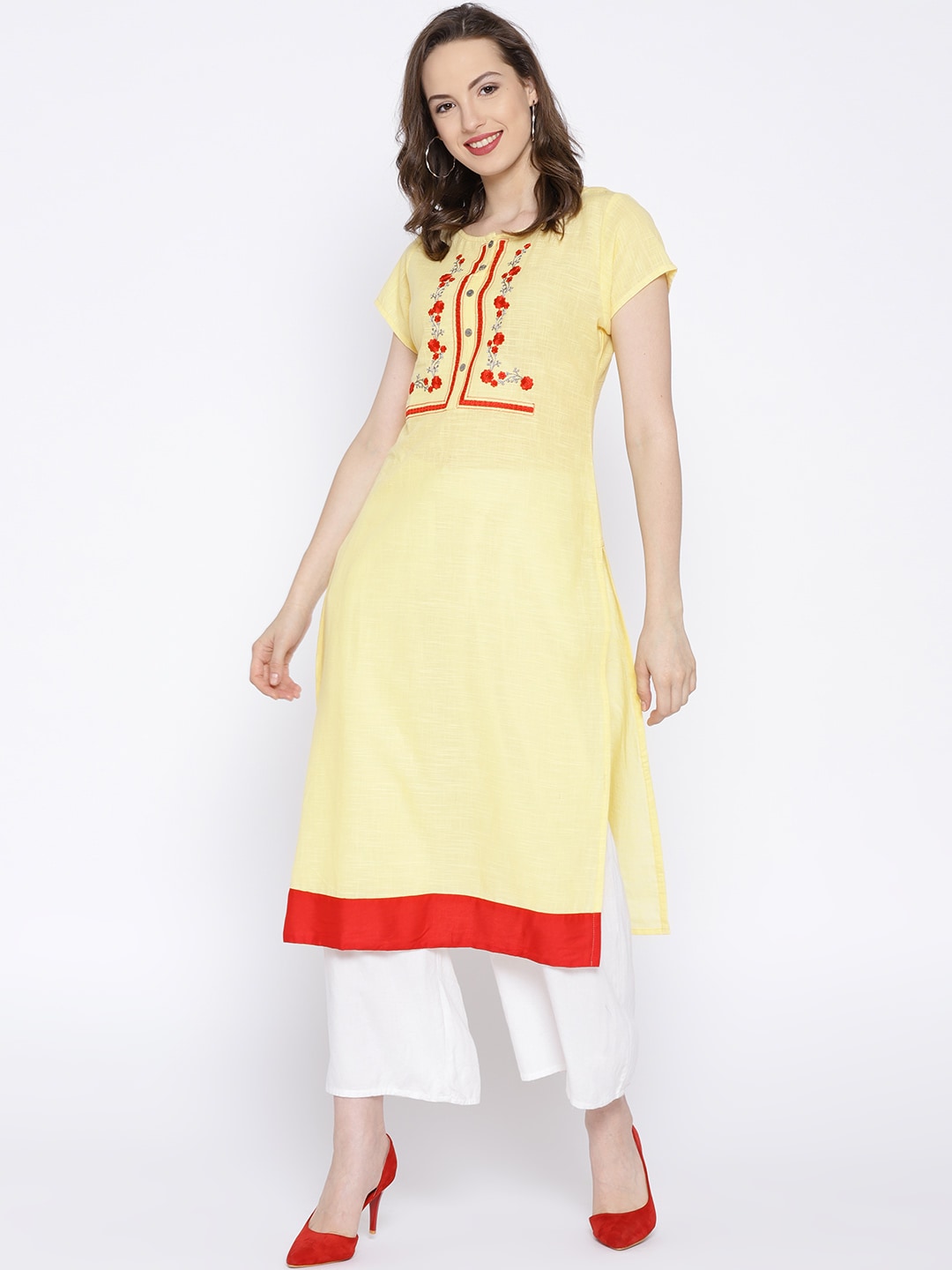 HERENOW Women Cream-Coloured Yoke Design Straight Kurta