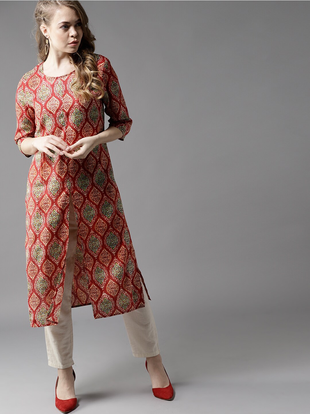 HERENOW Women Red Printed A-Line Kurta