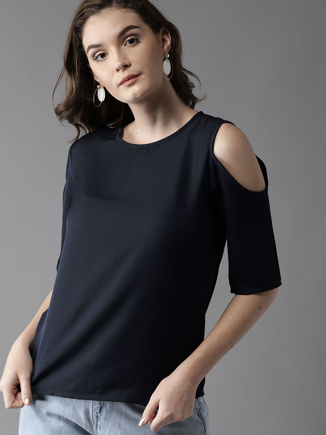 HERENOW Women Navy Solid Cold-Shoulder Top