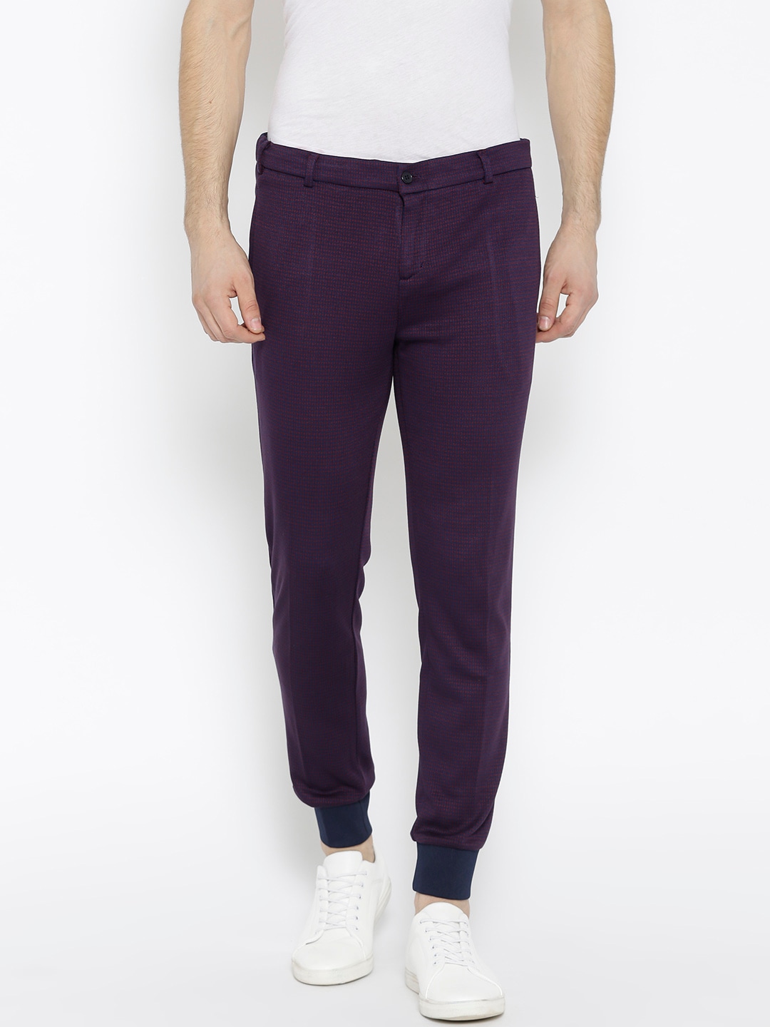 Harvard Men Purple  Maroon Self-Checked Joggers