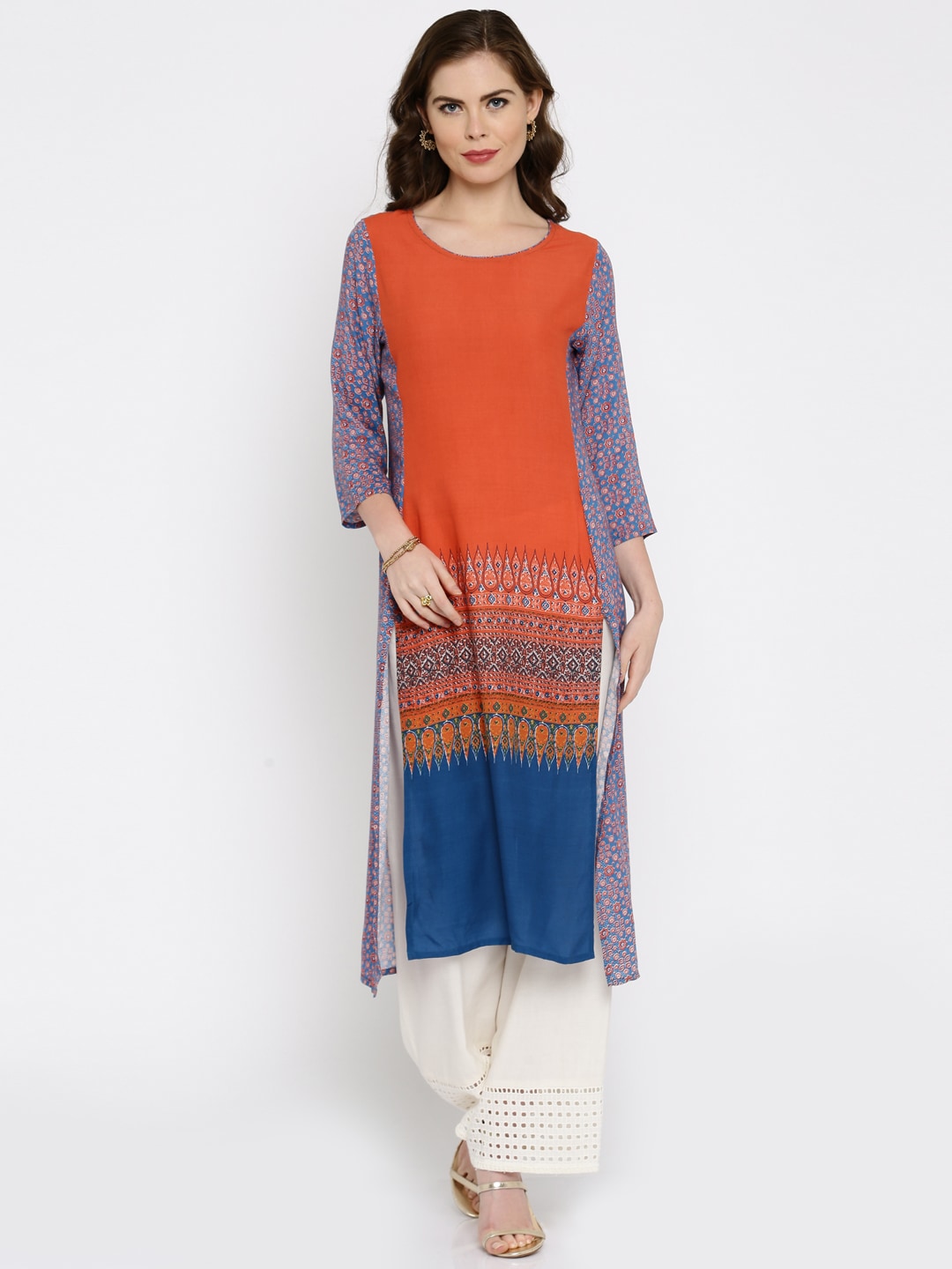 IMARA Women Orange  Blue Printed LIVA Kurta