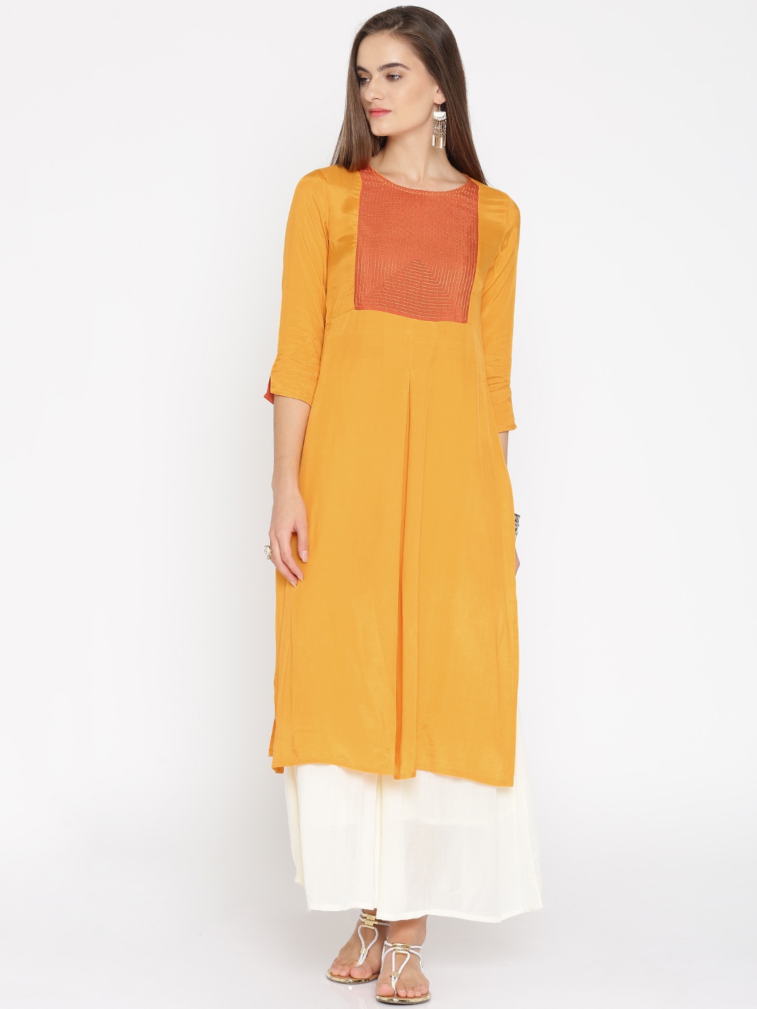IMARA Women Yellow Yoke Design Straight Kurta