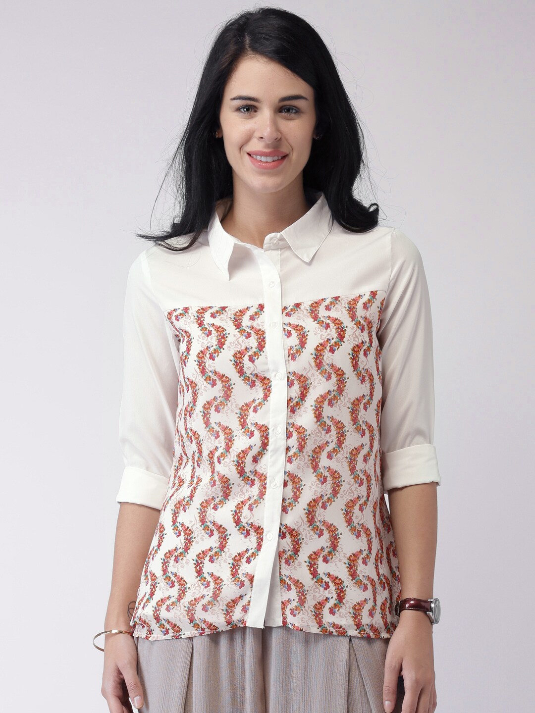 IMARA White Floral Print Polyester Shirt