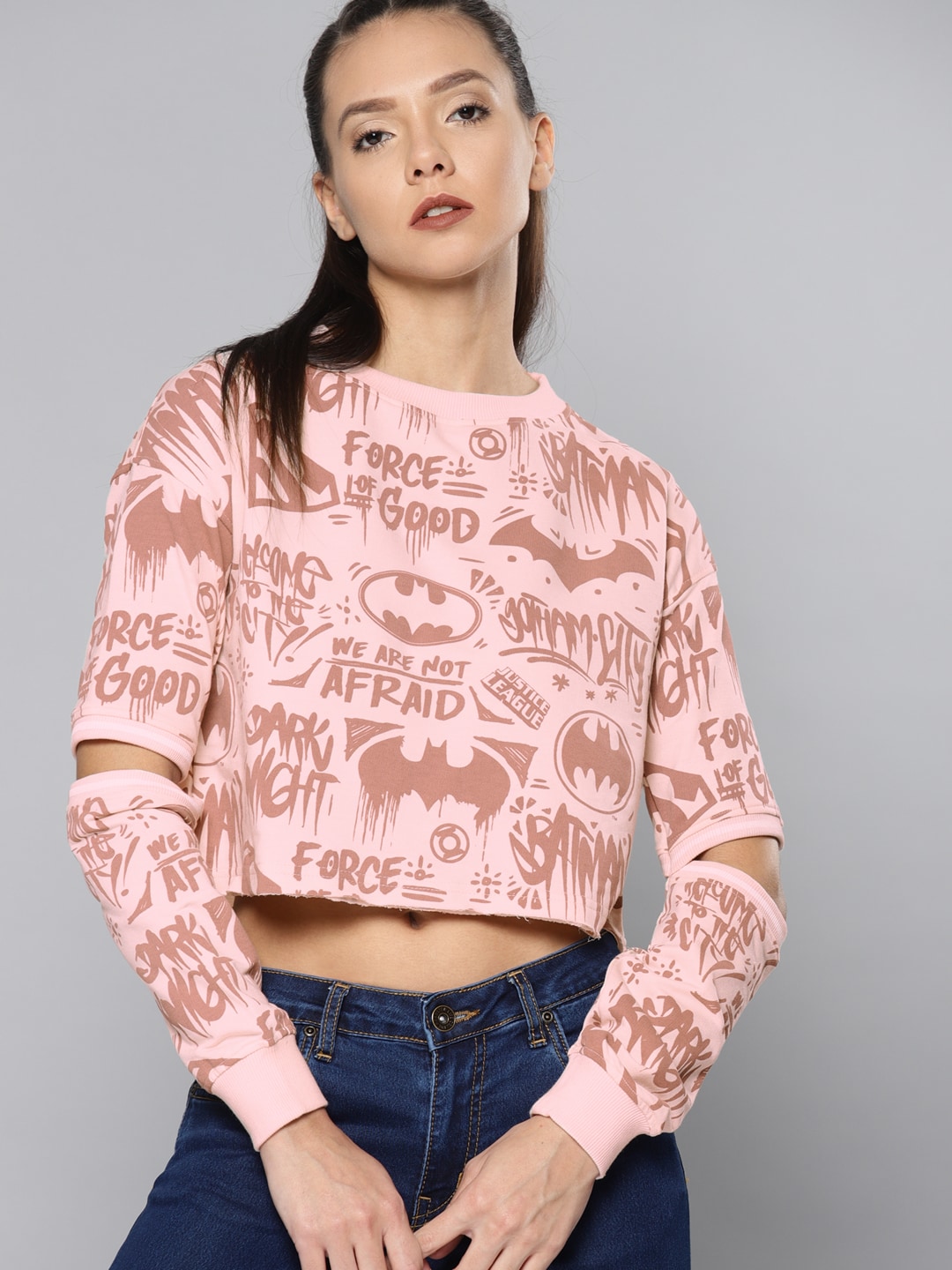 Justice League Women Peach-Coloured Printed Crop Sweatshirt