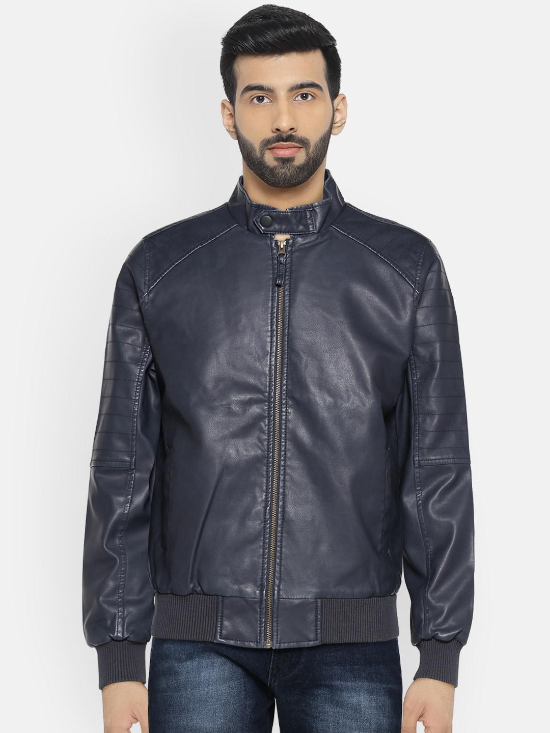 John Players Men Navy Blue Solid Bomber Jacket