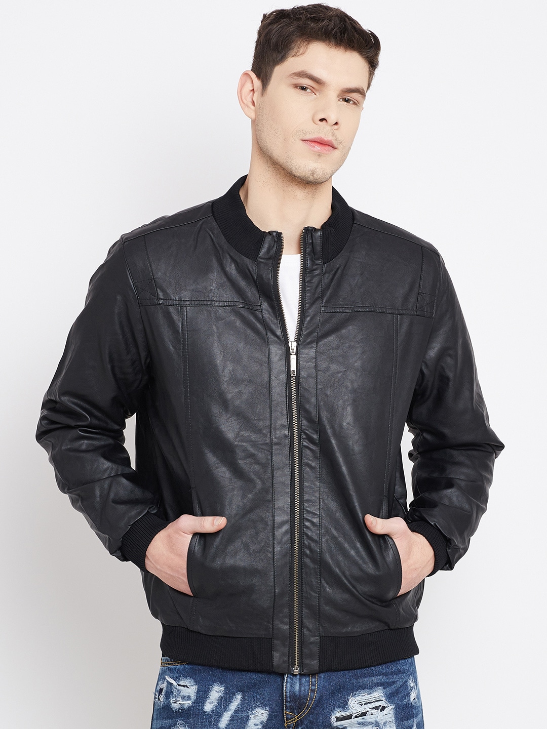 John Players Black Faux Leather Bomber Jacket