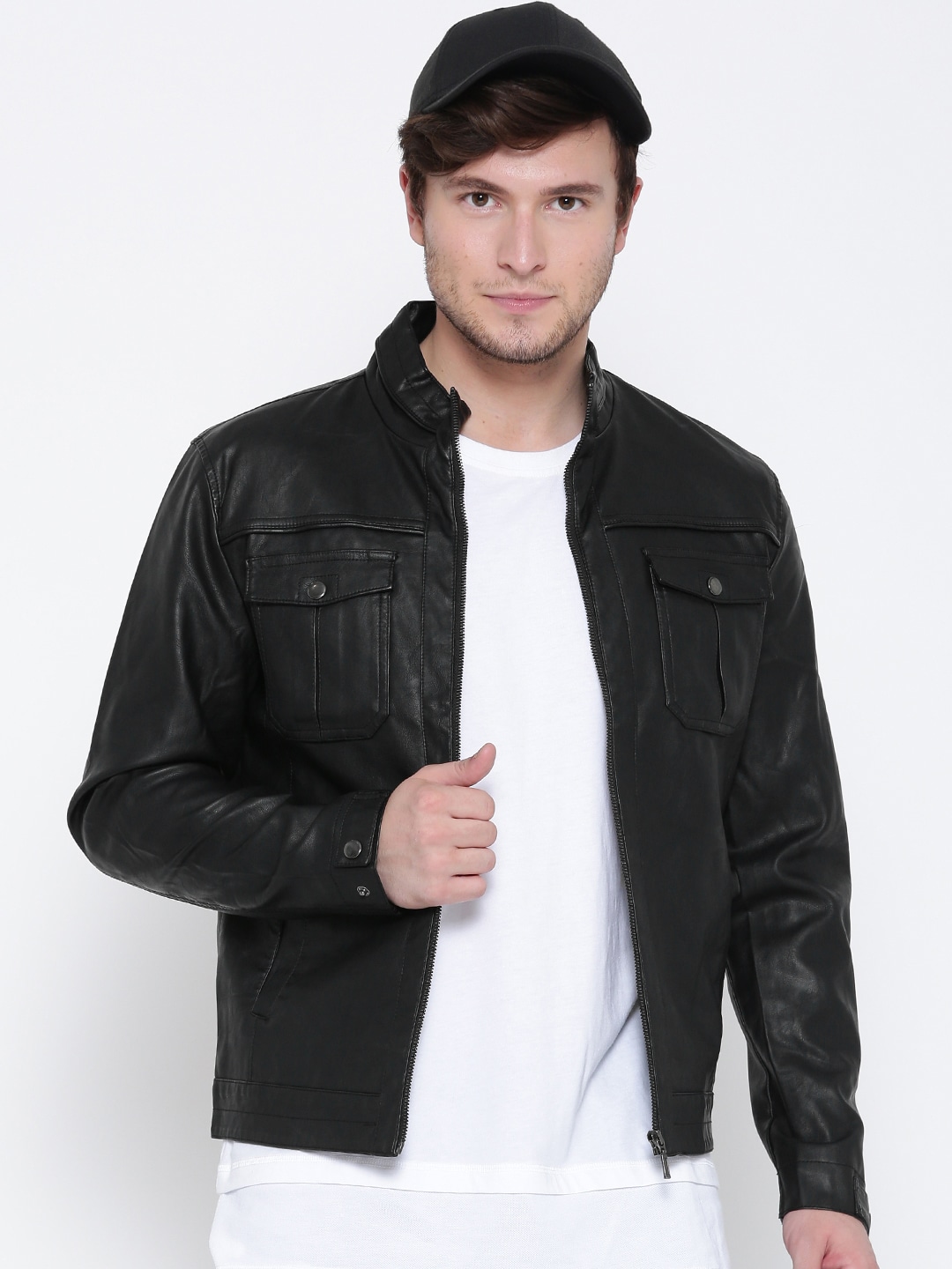 John Players Men Black Solid Biker Jacket