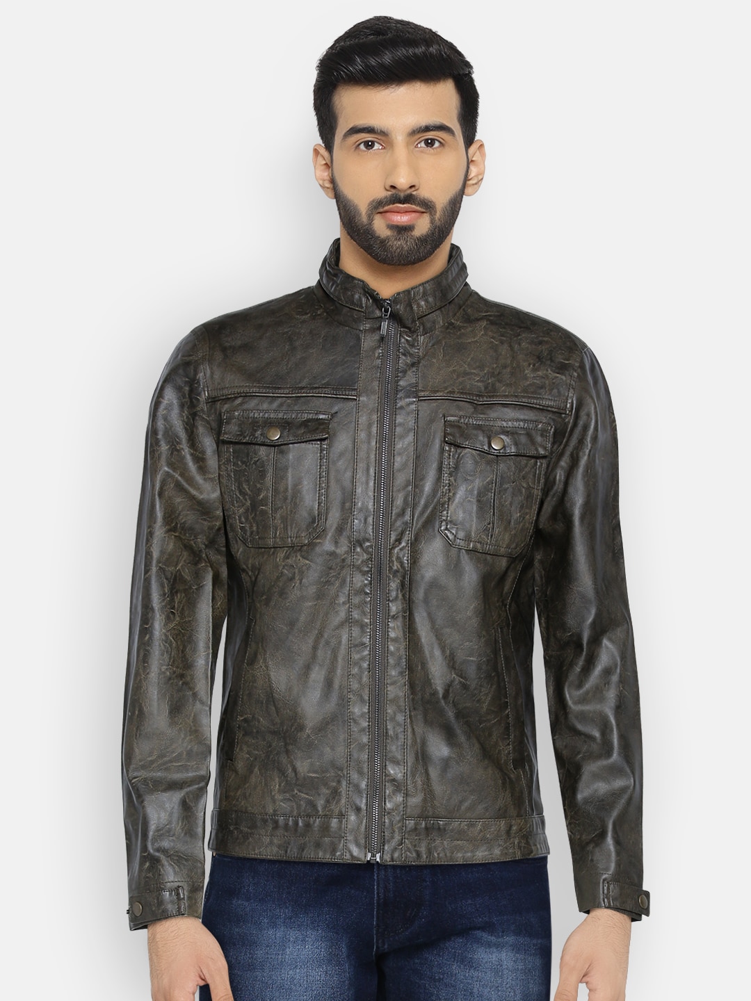 John Players Men Brown Solid Biker Jacket