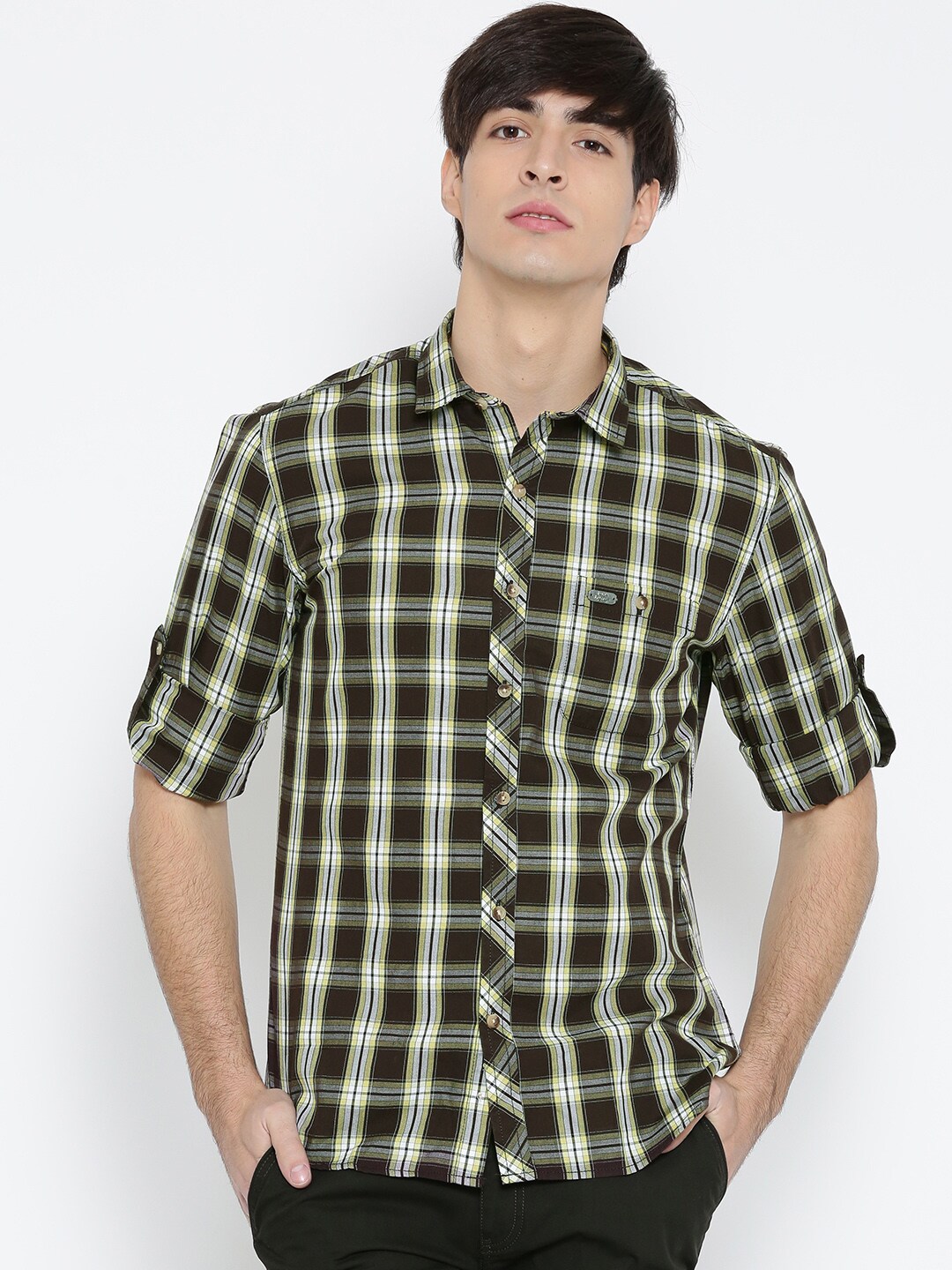 John Players Dark Brown  Green Checked Trim Fit Casual Shirt