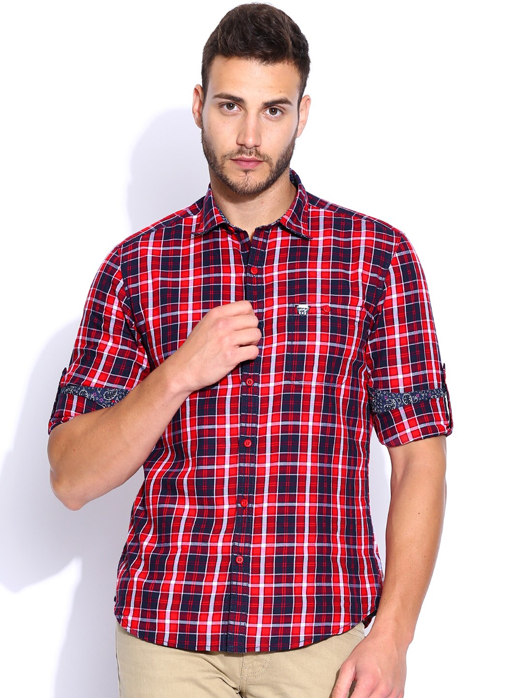 John Players Red  Navy Checked Trim Fit Smart Casual Shirt