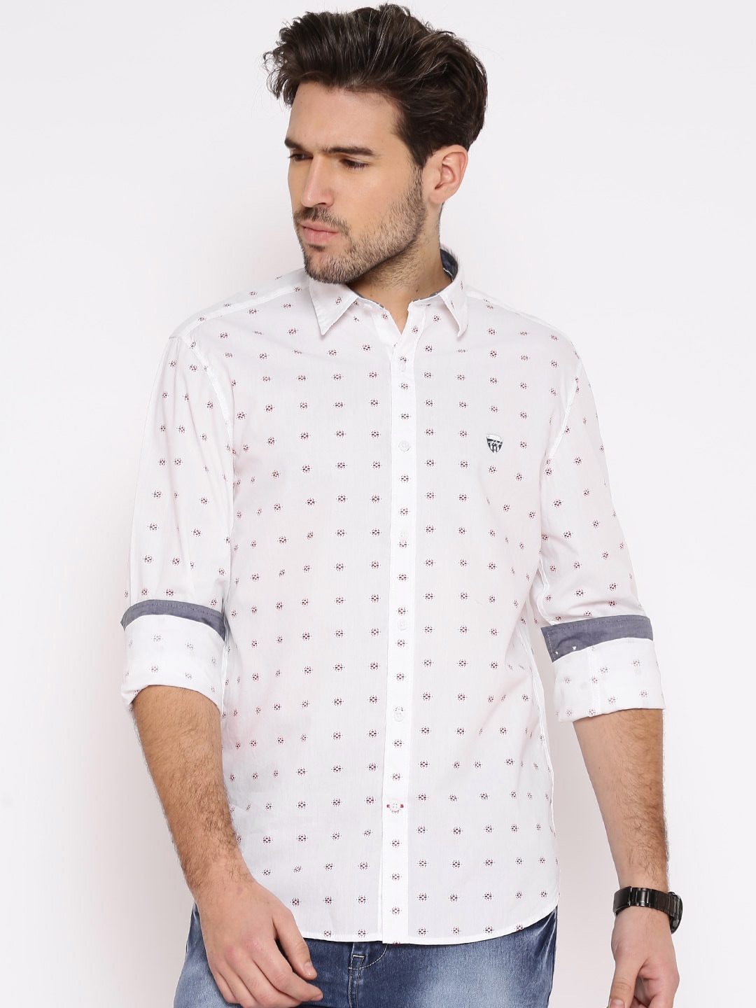 John Players White Printed Trim Fit Casual Shirt