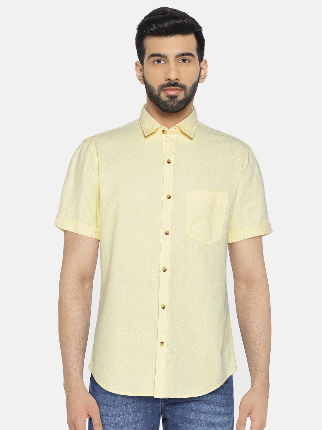 John Players Yellow Polka Dot Print Trim Fit Casual Shirt