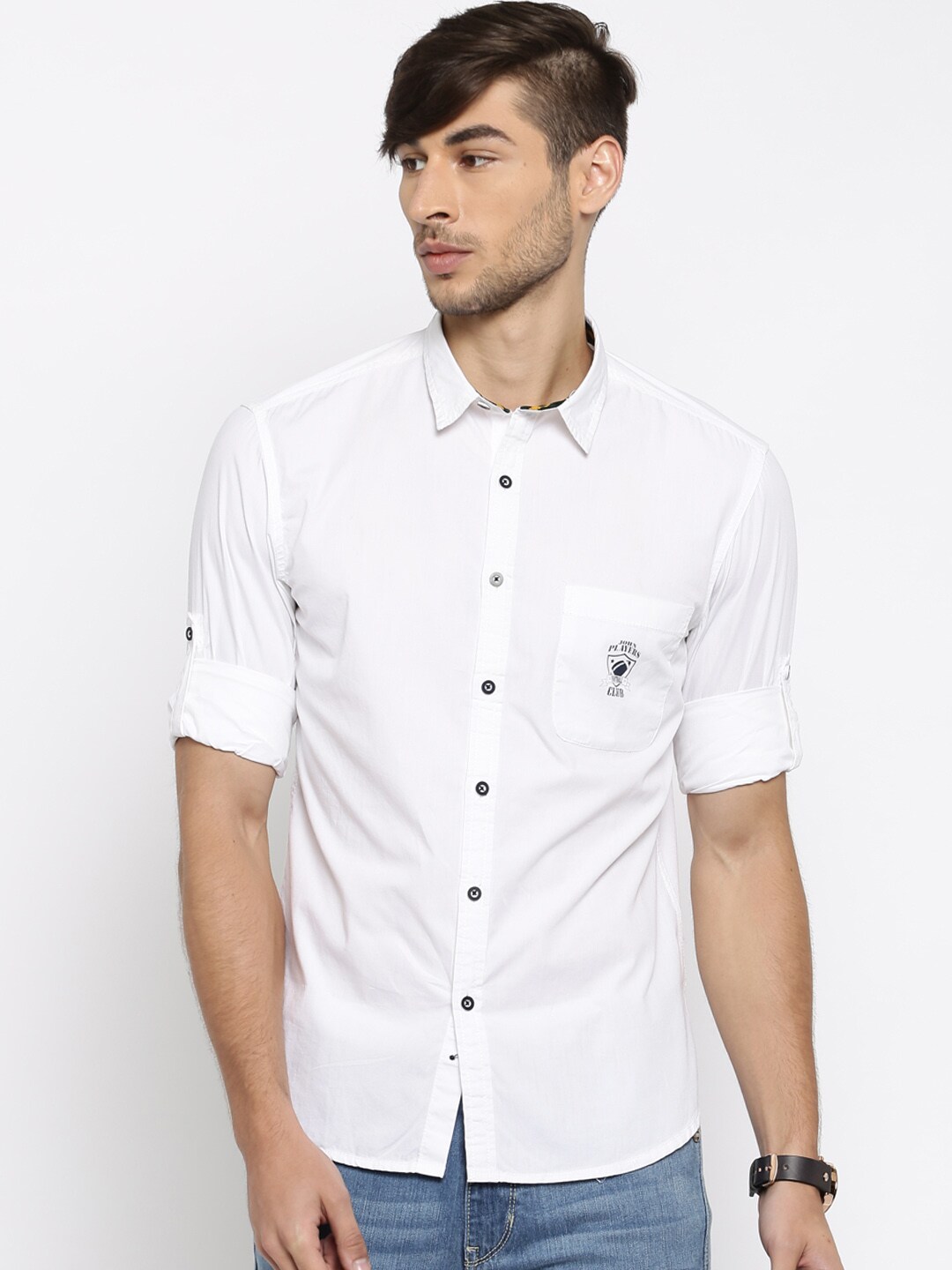 John Players White Trim Fit Casual Shirt