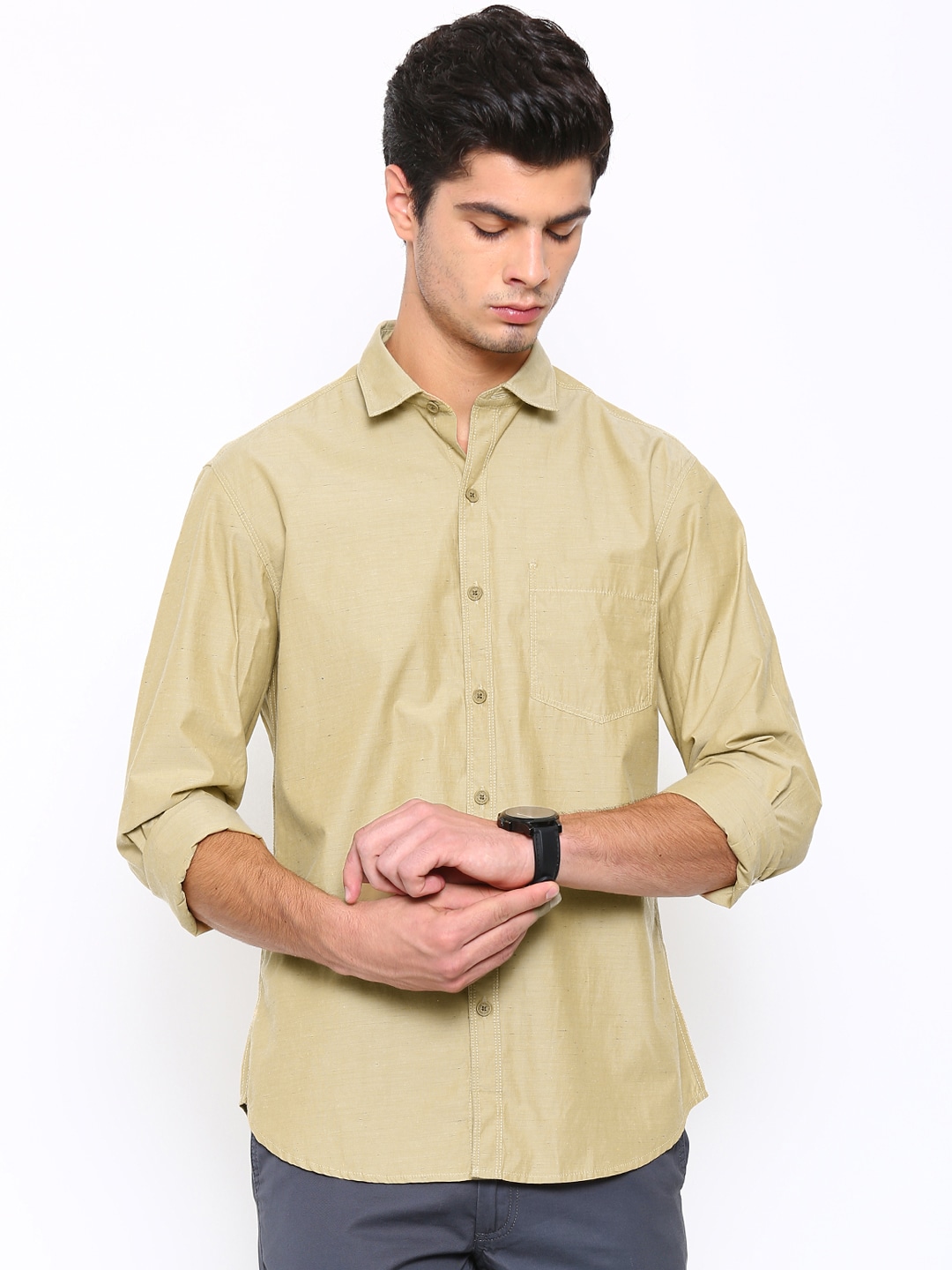 John Players Men Khaki Solid Trim Fit Casual Shirt