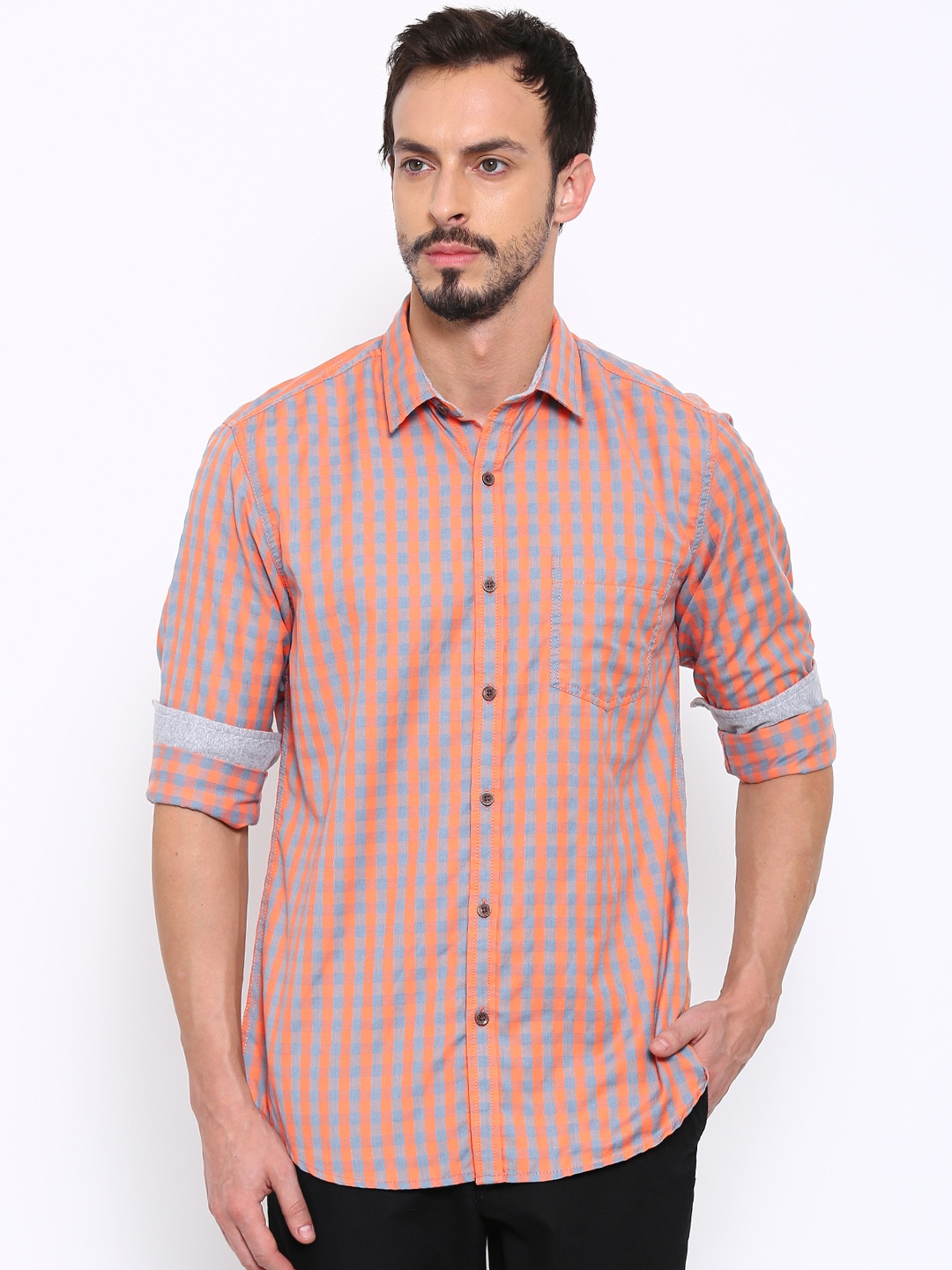 John Players Men Coral Orange and Grey Trim Fit Checked Casual Shirt