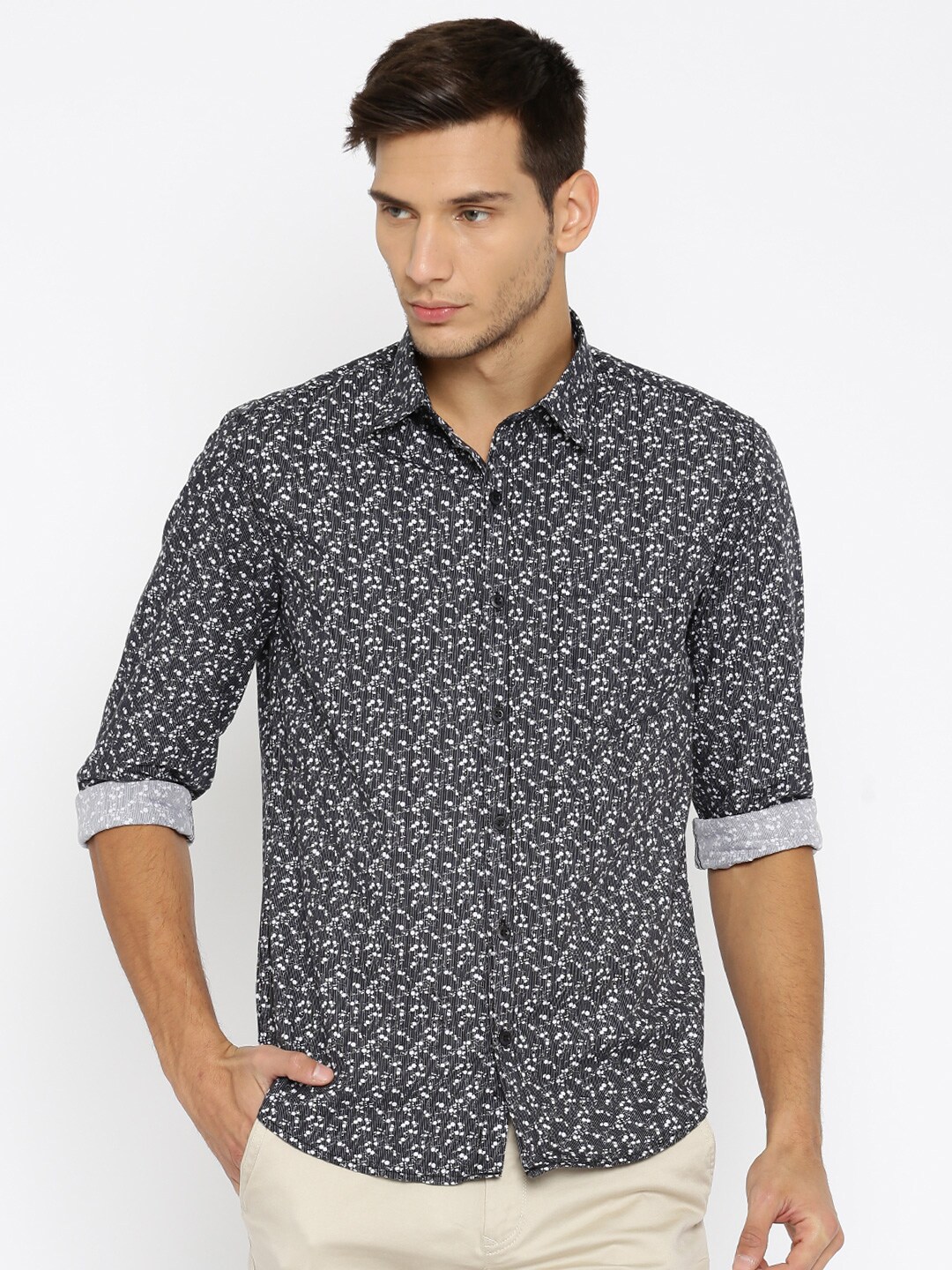 John Players Black Trim Fit Printed Casual Shirt