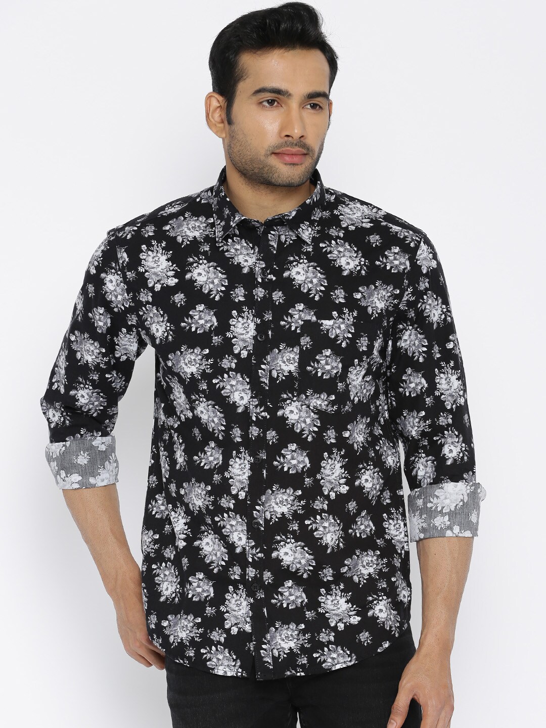 John Players Black Floral Print Trim Fit Casual Shirt