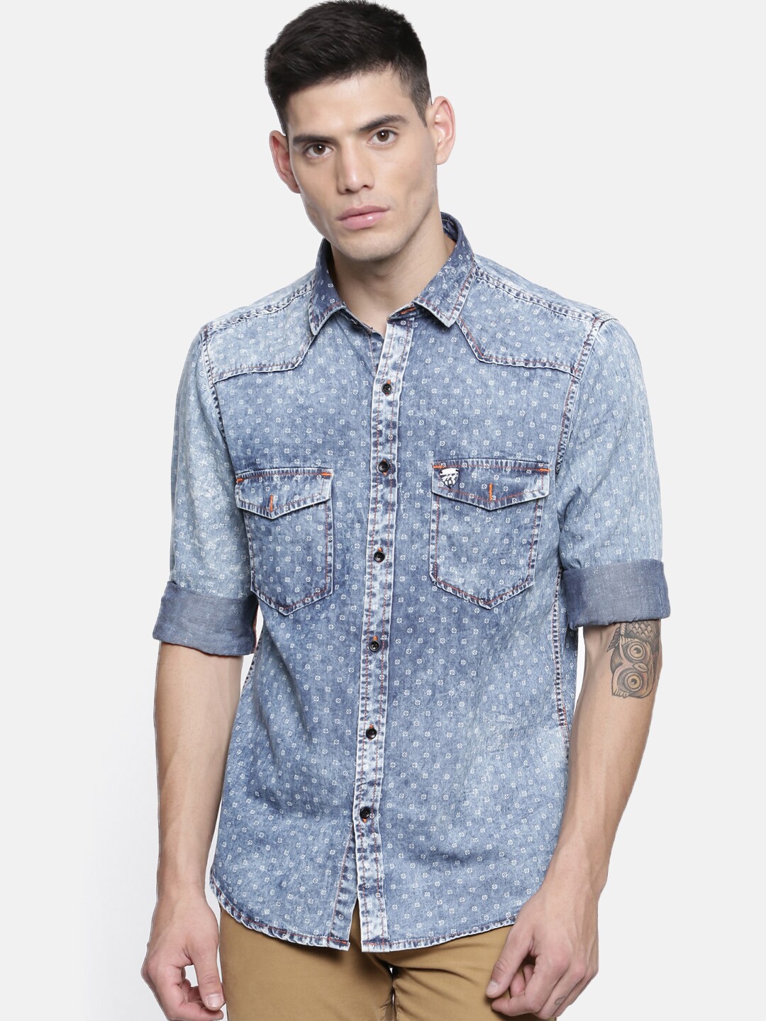 John Players Men Blue Trim Fit Printed Faded Denim Shirt