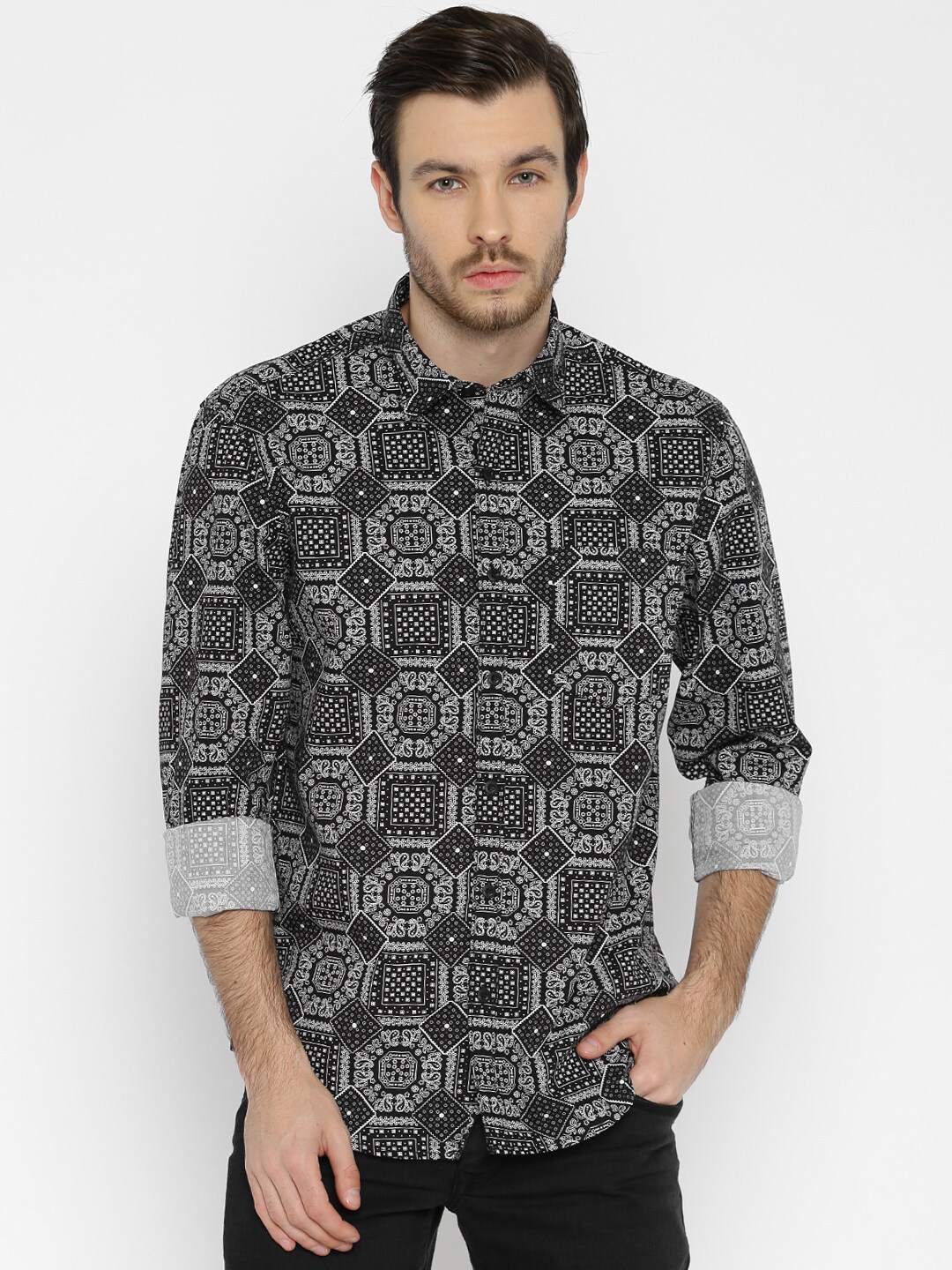 John Players Men Black Trim Fit Printed Casual Shirt