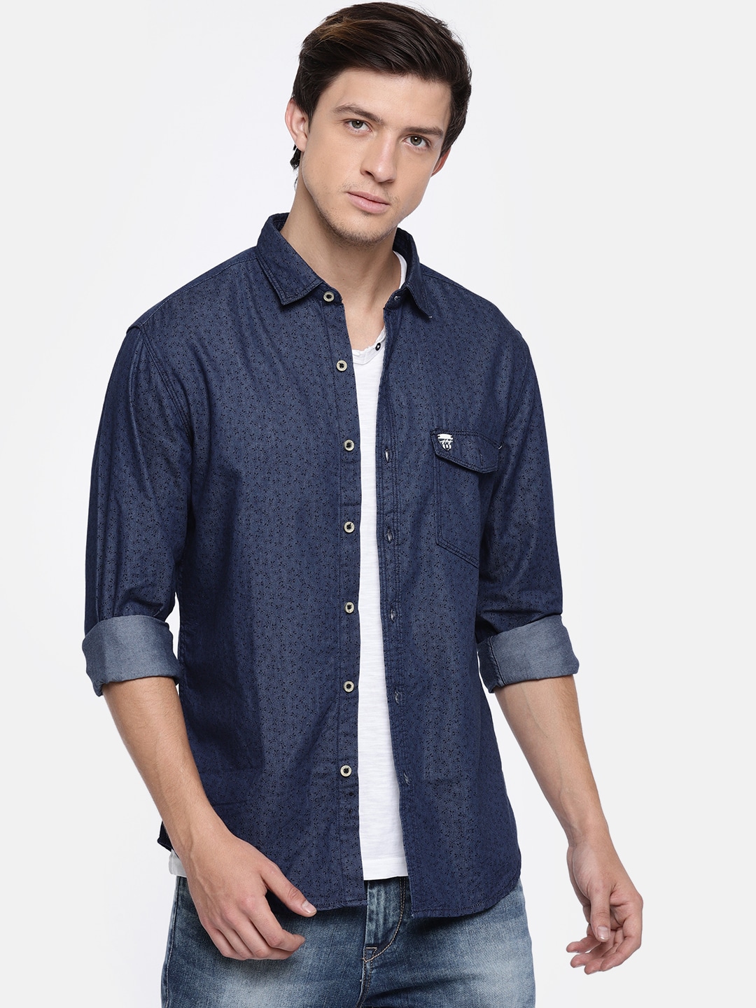 John Players Navy Printed Trim Fit Denim Shirt