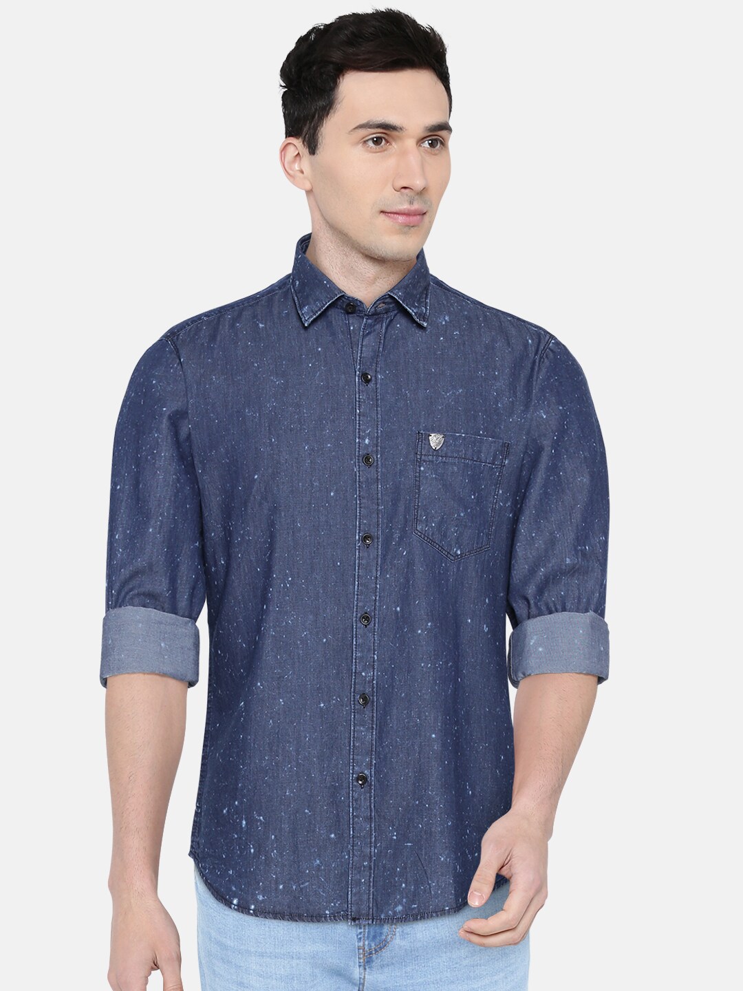 John Players Men Blue Trim Fit Printed Denim Casual Shirt