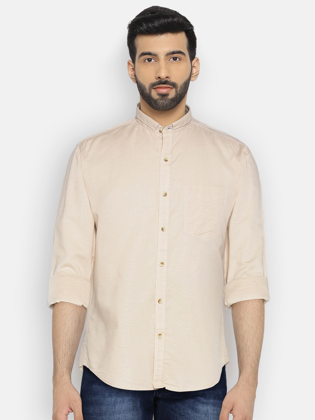 John Players Men Beige Trim Fit Solid Casual Shirt