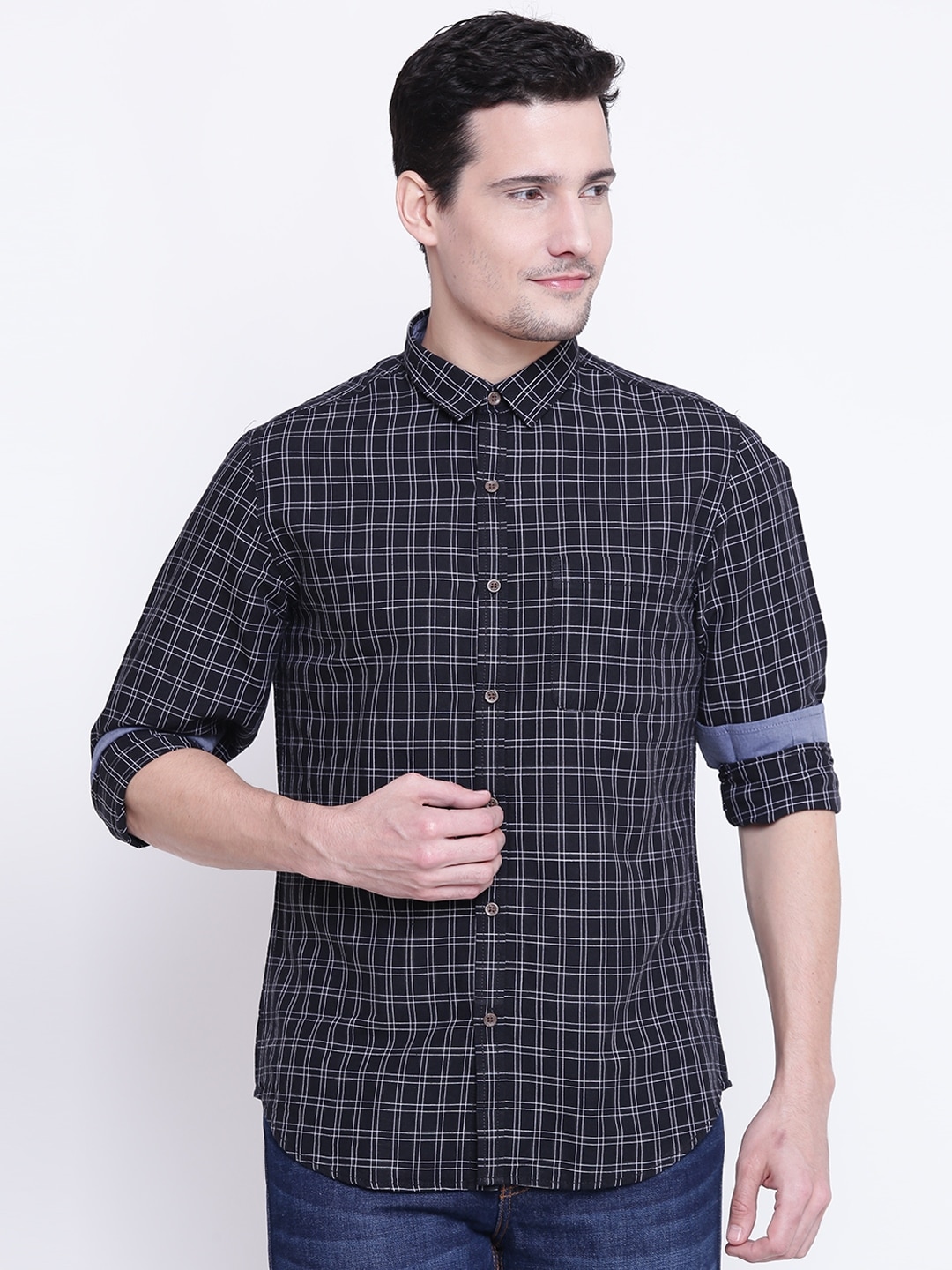 John Players Men Black  White Checked Casual Shirt