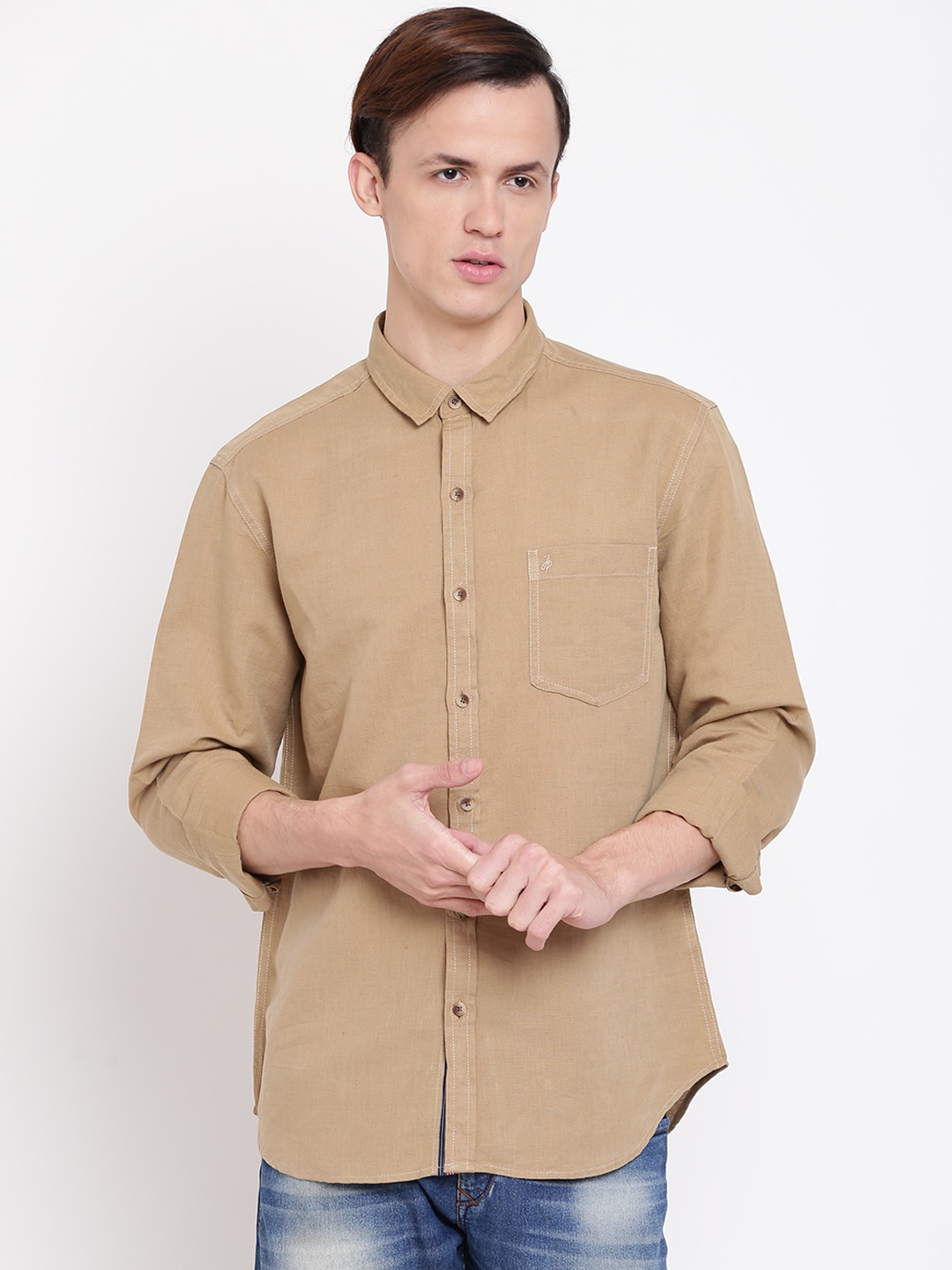 John Players Men Khaki Trim Fit Solid Casual Shirt