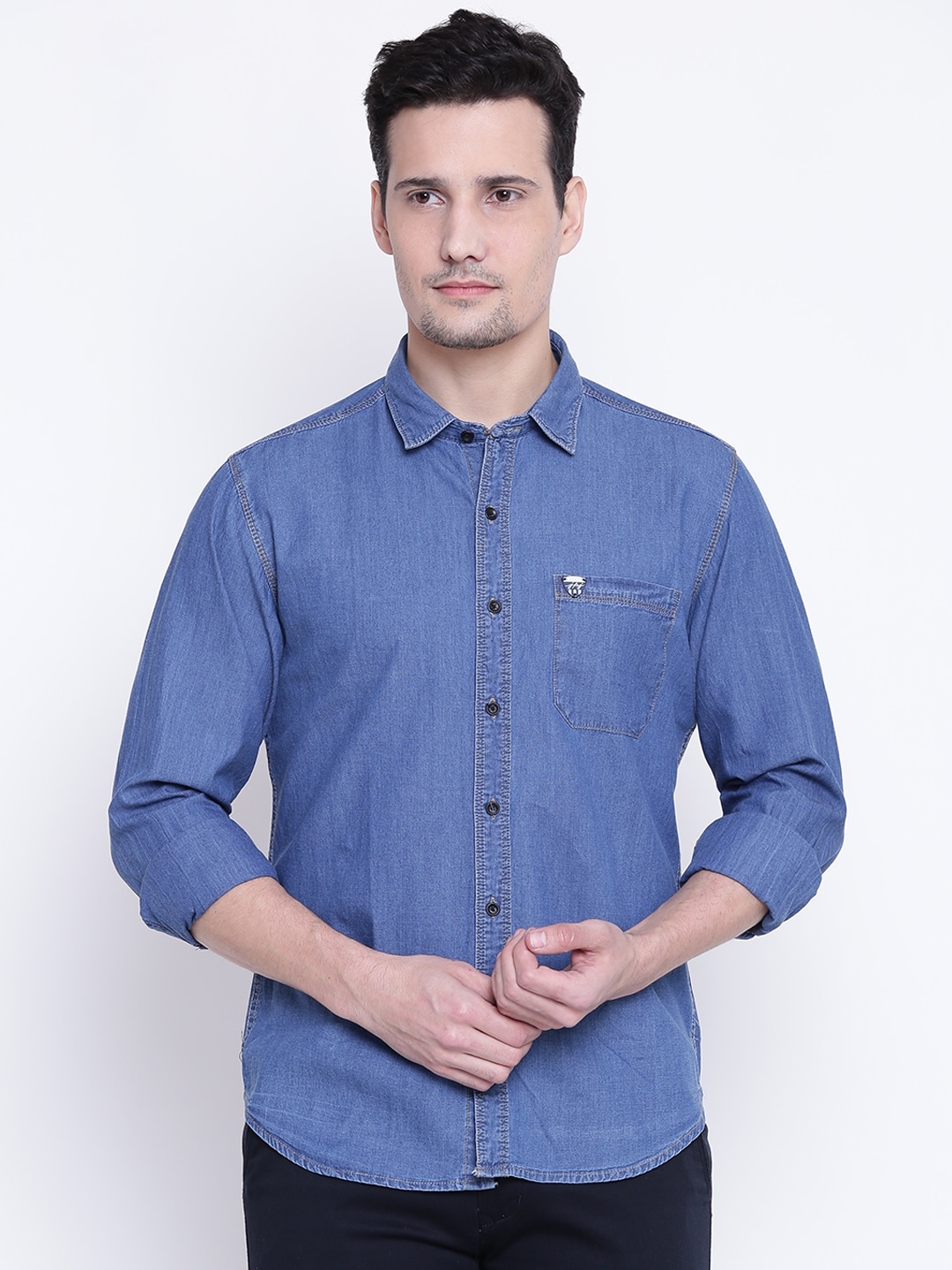 John Players Men Blue Trim Fit Solid Denim Shirt