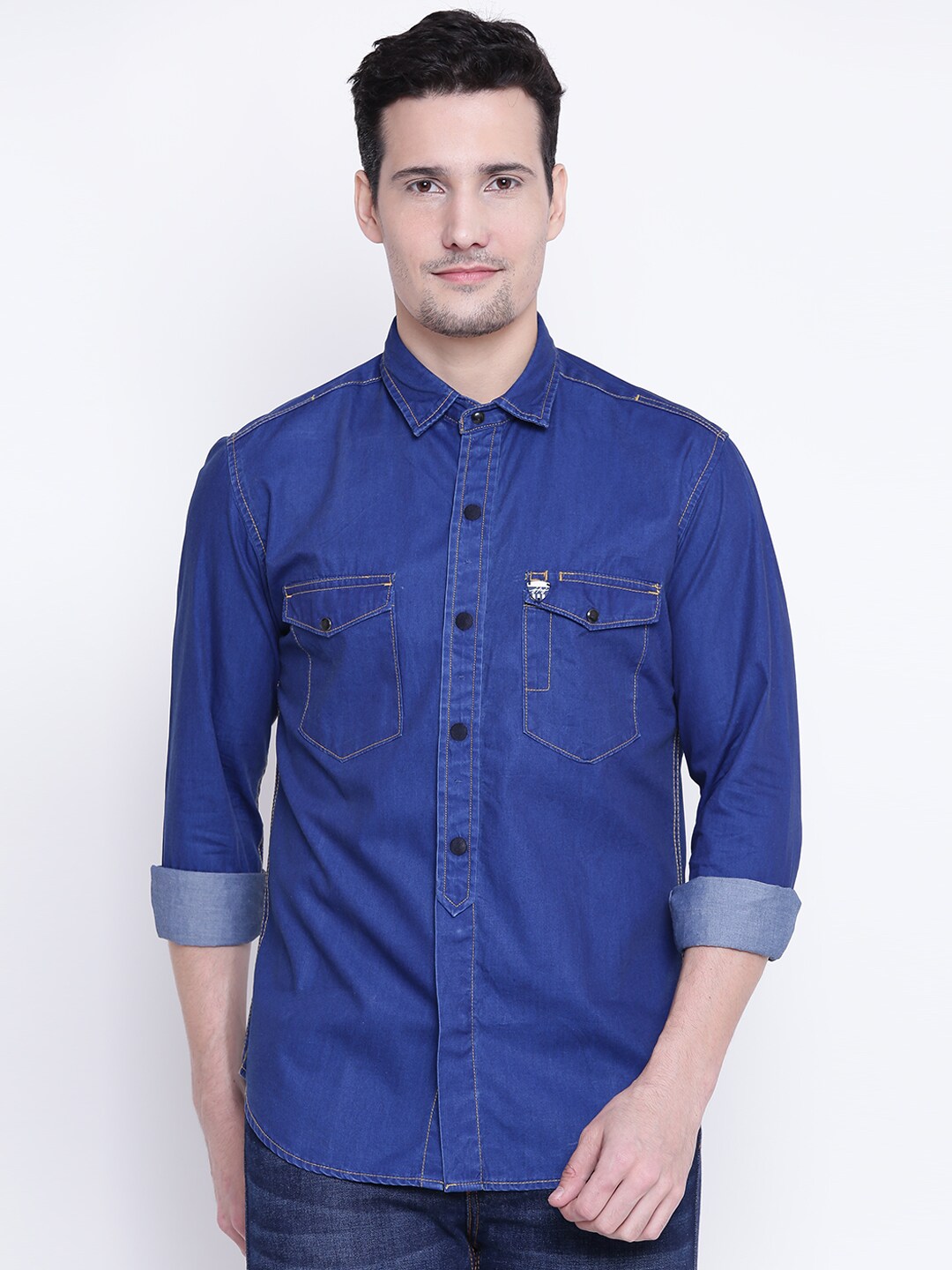 John Players Men Blue Trim Solid Denim Shirt