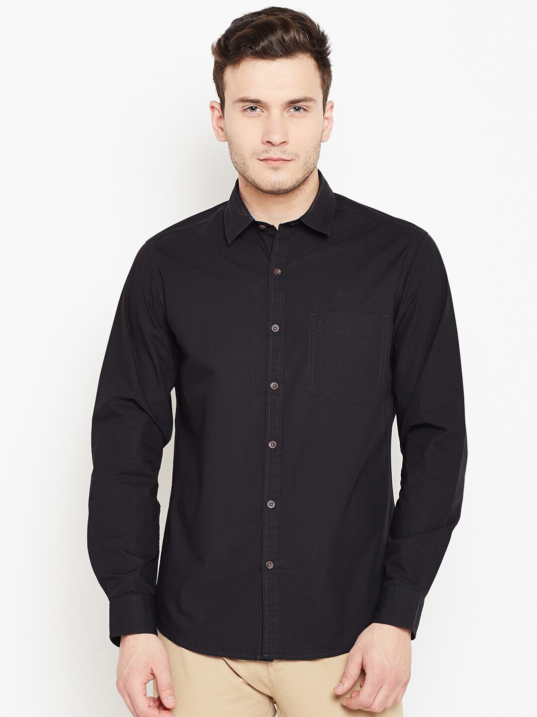 John Players Men Black Trim Fit Solid Casual Shirt