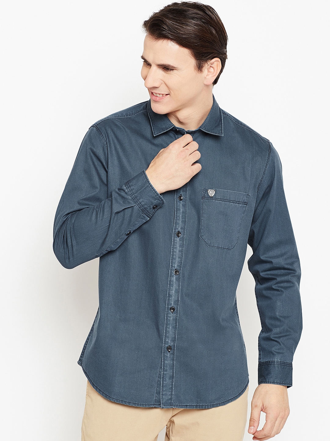 John Players Men Blue Trim Regular Fit Solid Denim Shirt