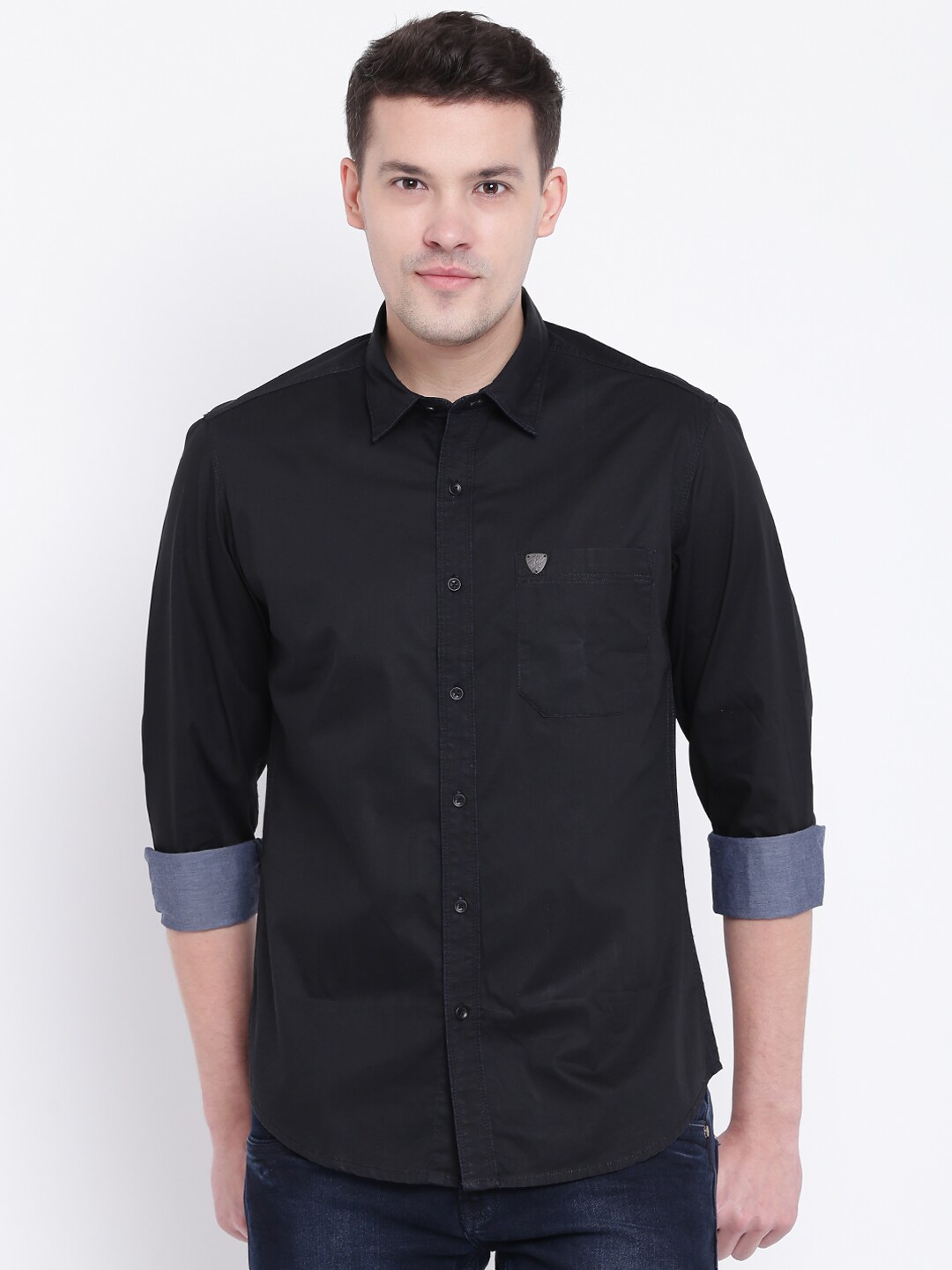 John Players Men Black Trim Fit Solid Casual Shirt