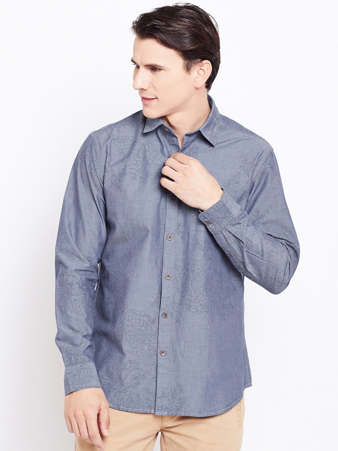 John Players Men Blue Trim Fit Printed Chambray Smart Casual Shirt