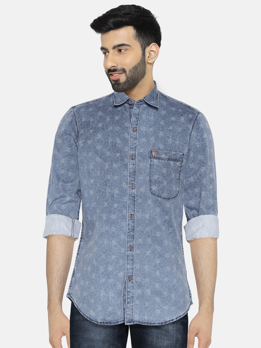 John Players Men Blue Trim Regular Fit Printed Denim Shirt