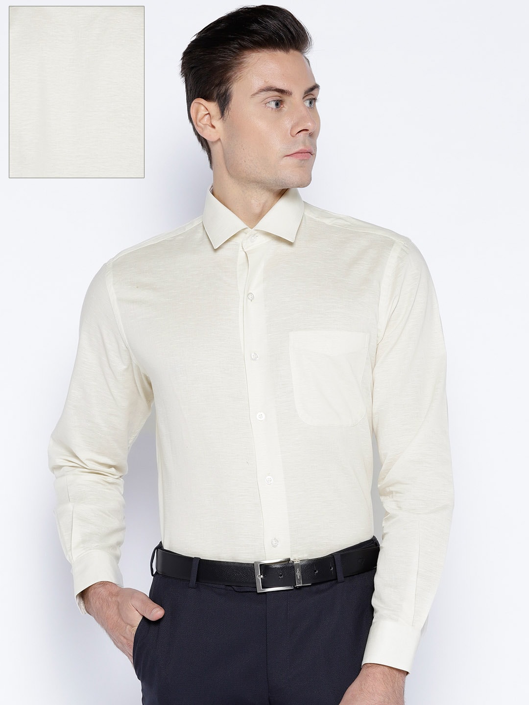 John Players Men Cream-Coloured Slim Fit Solid Formal Shirt