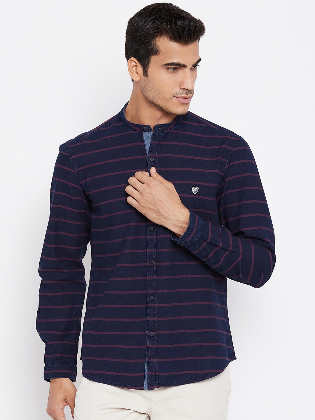 John Players Men Navy Blue  Burgundy Trim Fit Striped Casual Shirt