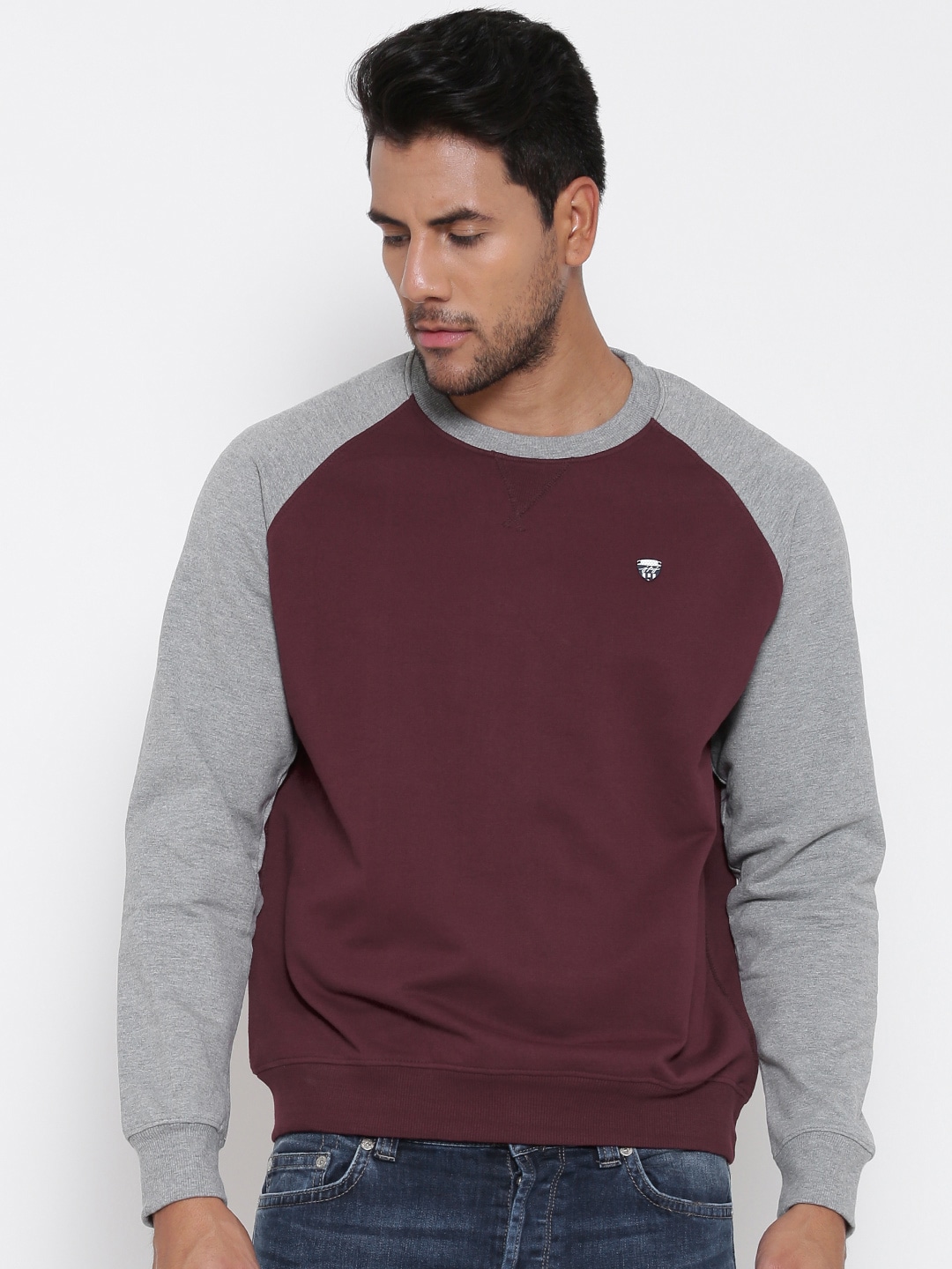 John Players Burgundy  Grey Melange Colourblocked Sweatshirt