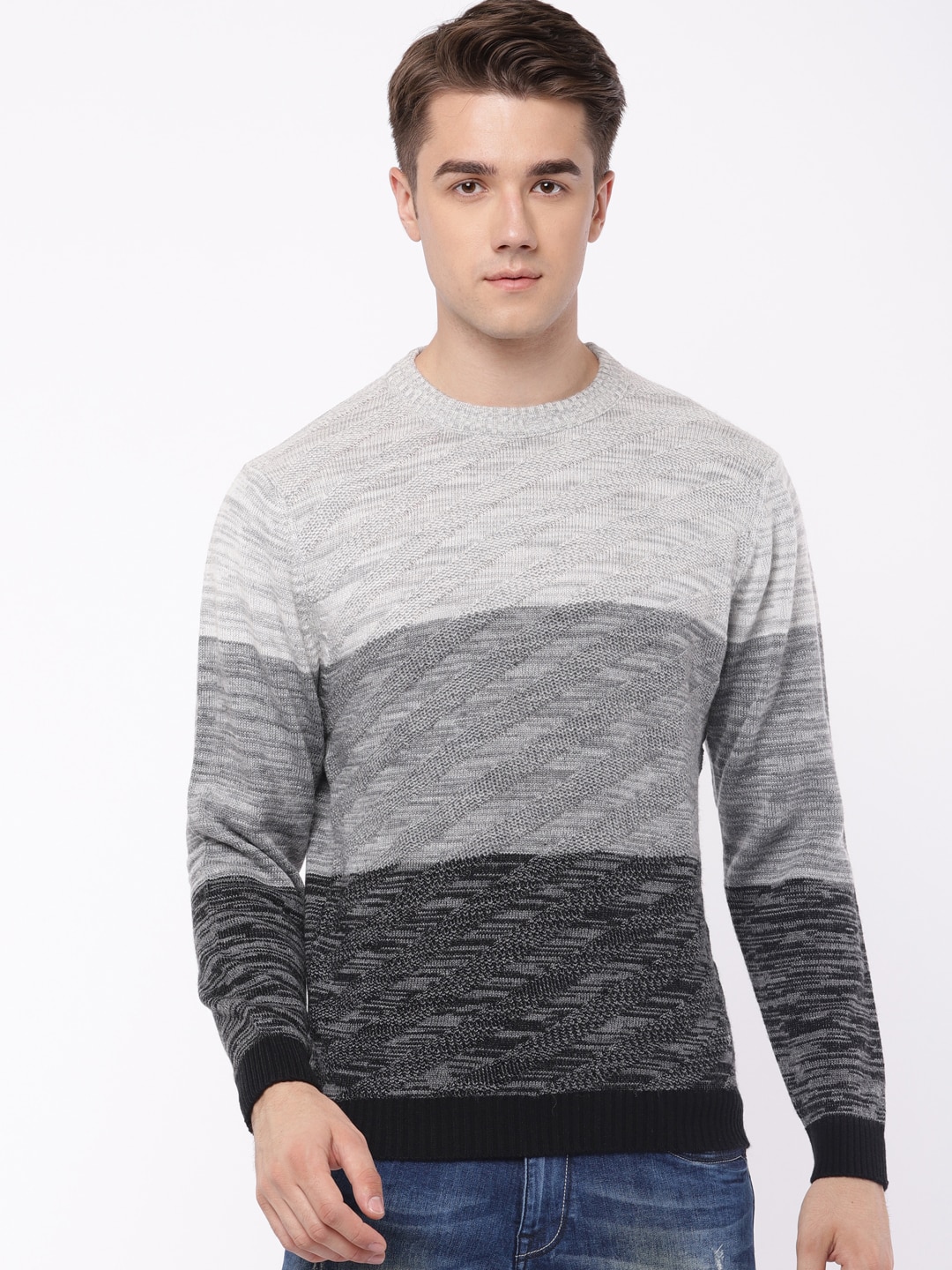 John Players Men Grey  Black Colourblocked Sweater