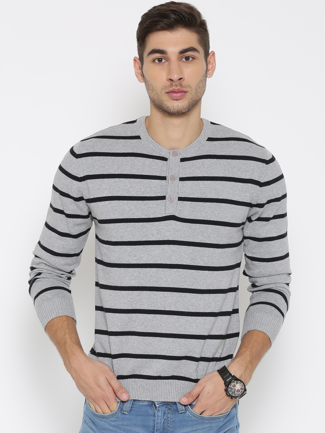 John Players Men Grey Melange Striped Sweater