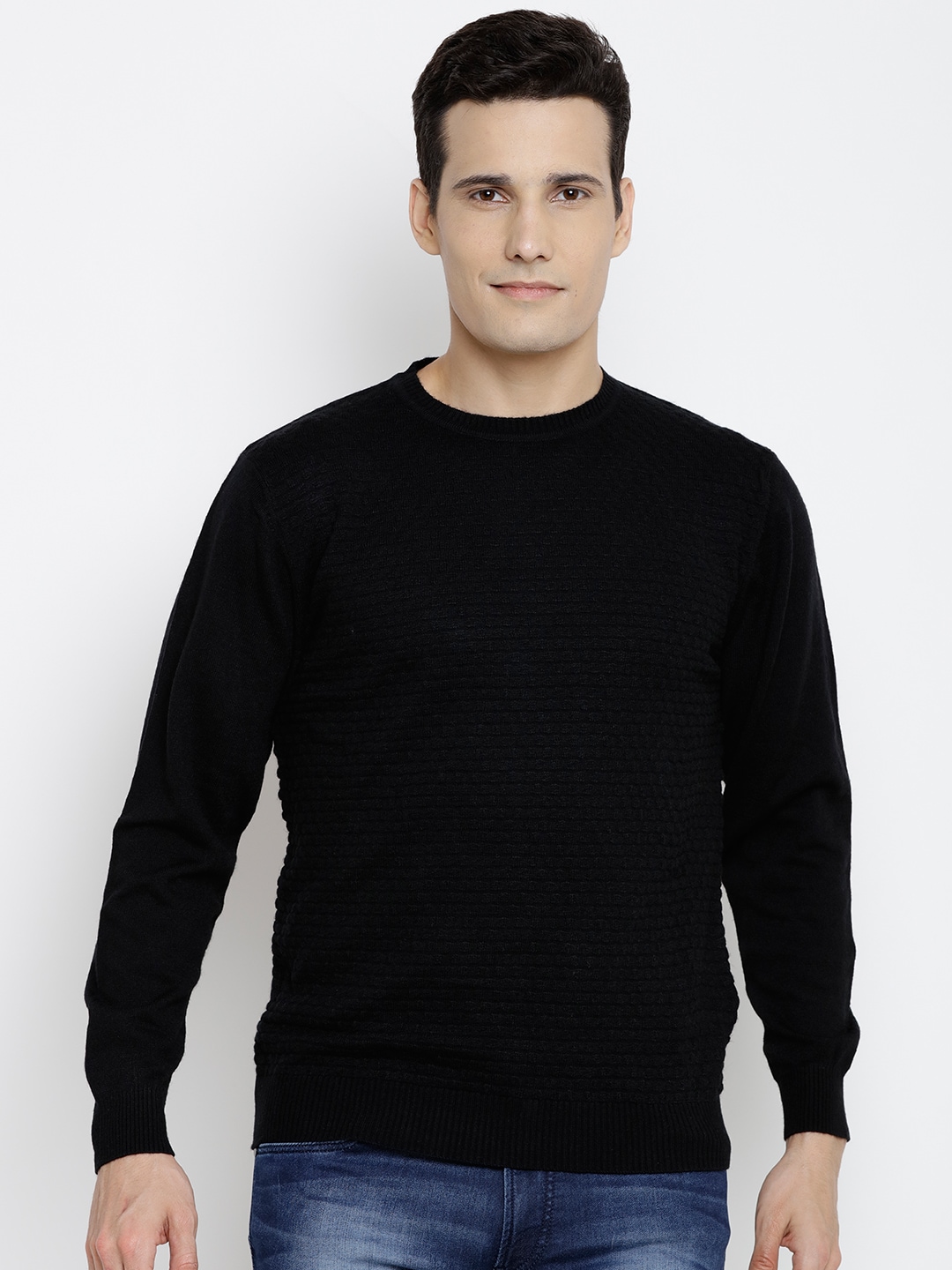 John Players Men Black Self-Design Sweater