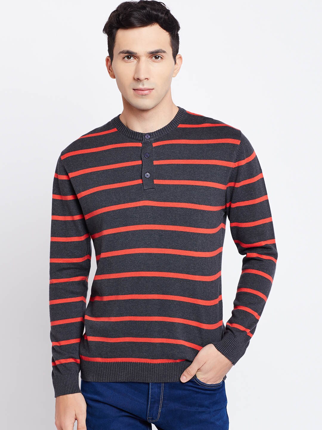 John Players Men Charcoal Grey  Red Slim Fit Striped Sweater