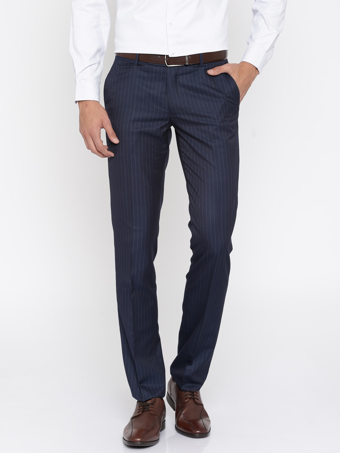 John Players Navy Pinstriped Slim Formal Trousers