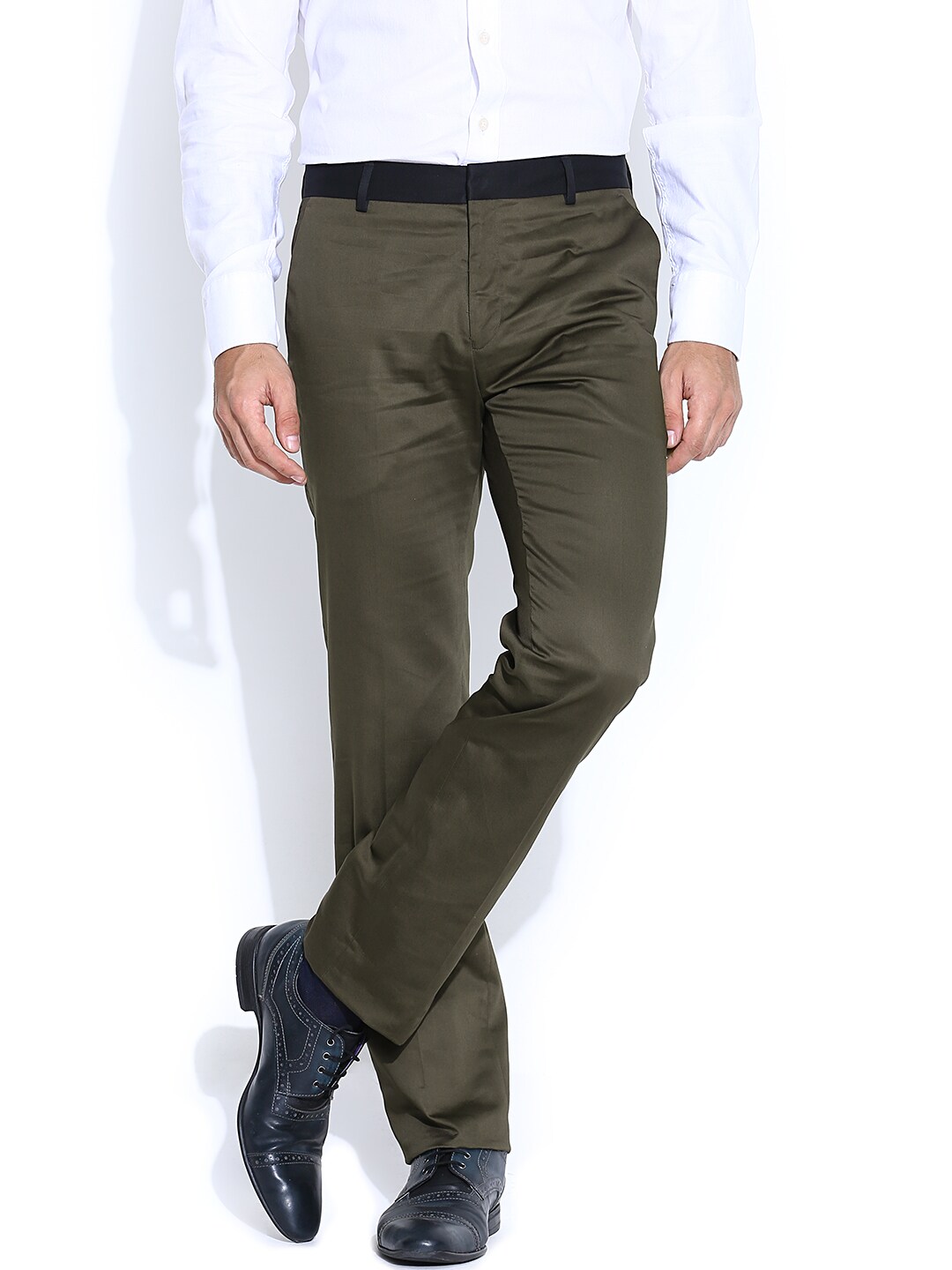 John Players Olive Green Slim Semiformal Trousers