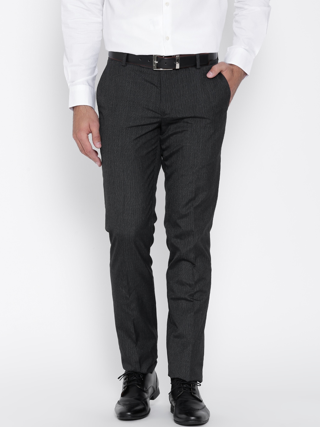 John Players Black Self-Striped Slim Formal Trousers