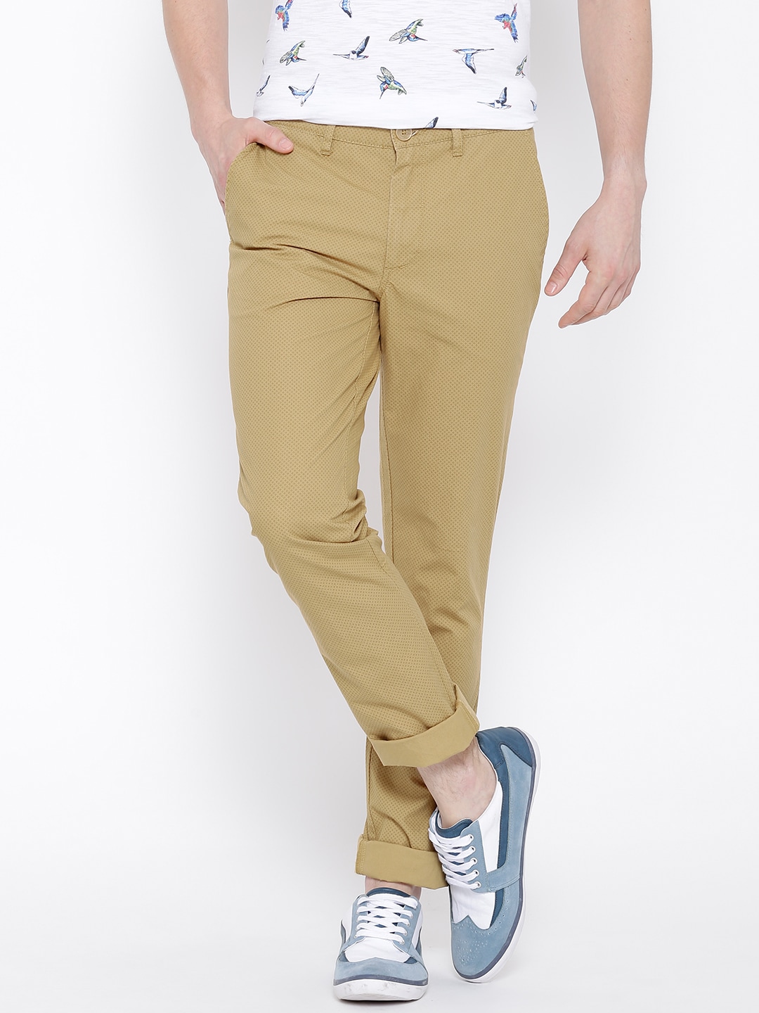 John Players Khaki Printed Low-Rise Slim Casual Trousers