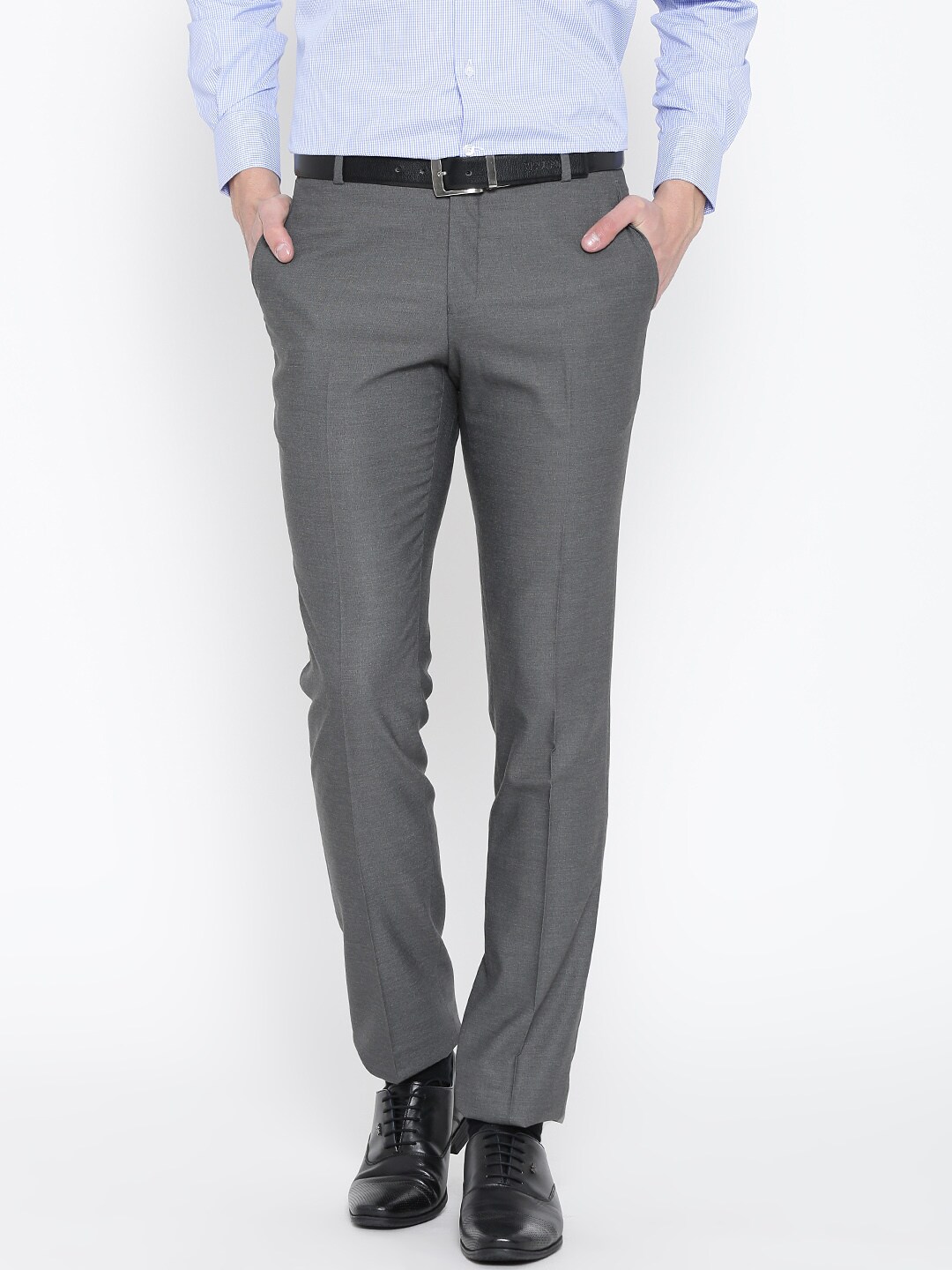 John Players Men Grey Solid Slim Fit Formal Trousers