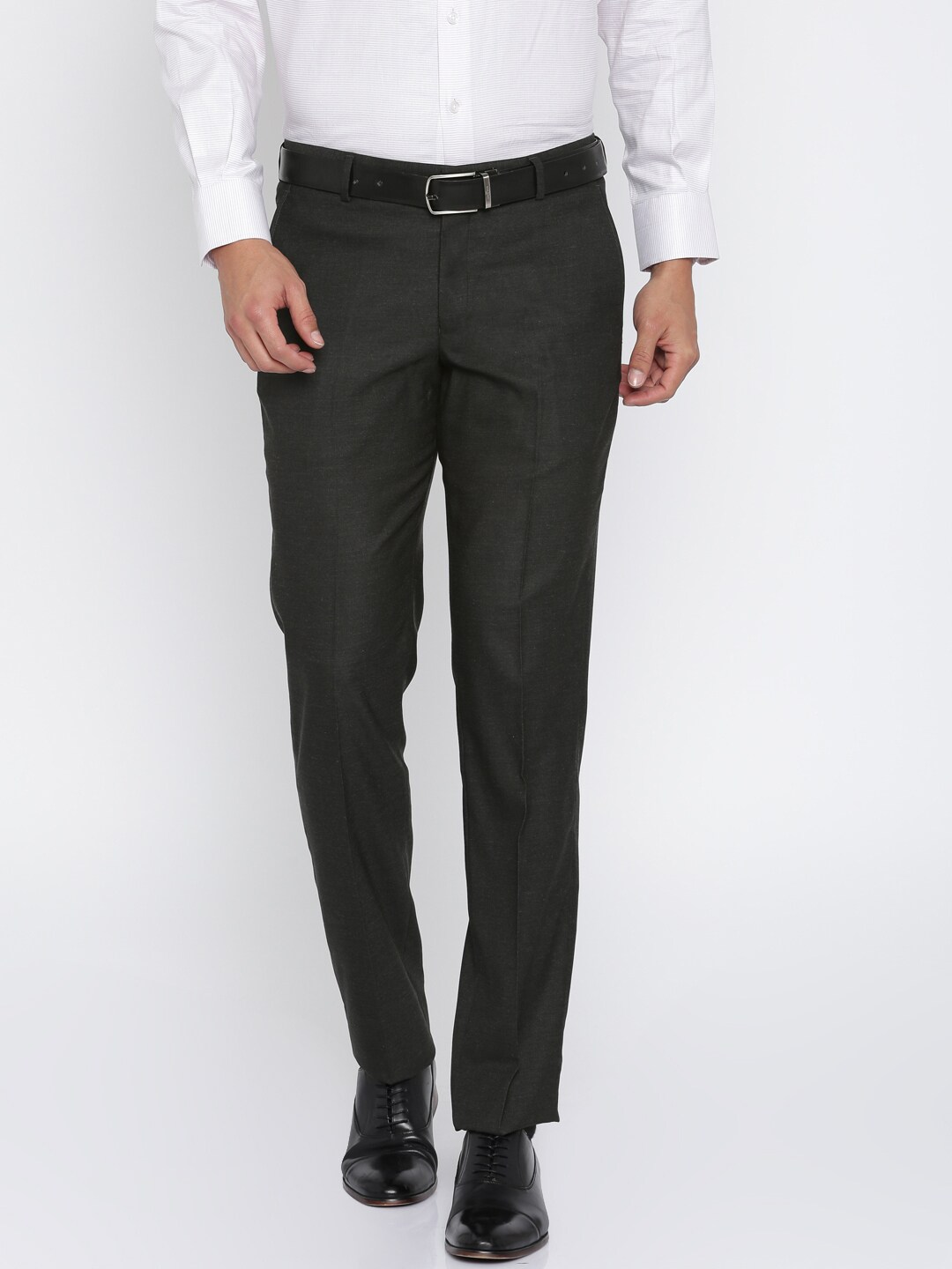 John Players Men Charcoal Grey Solid Slim Fit Formal Trousers