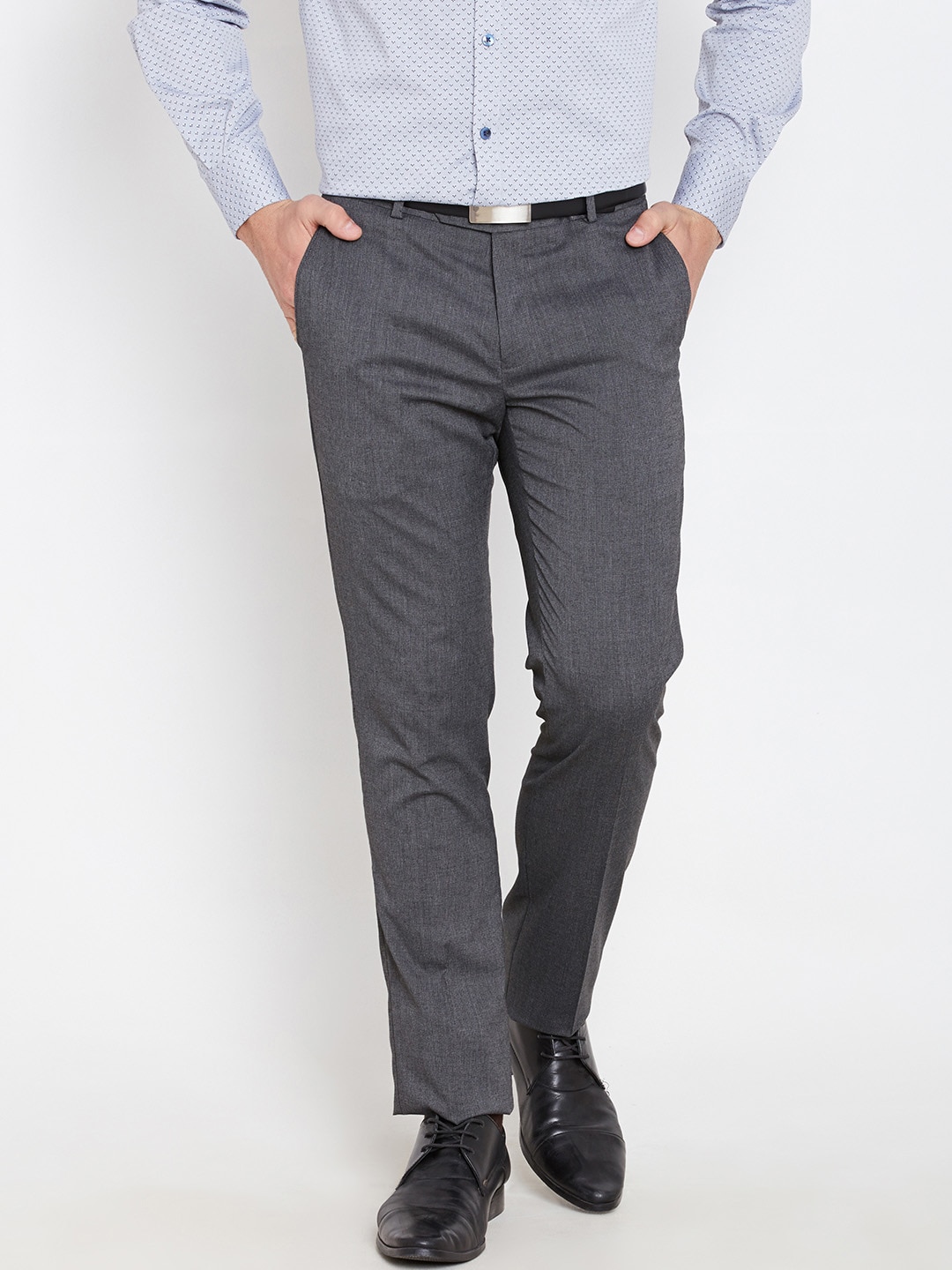 John Players Grey Patterned Slim Fit Formal Trousers