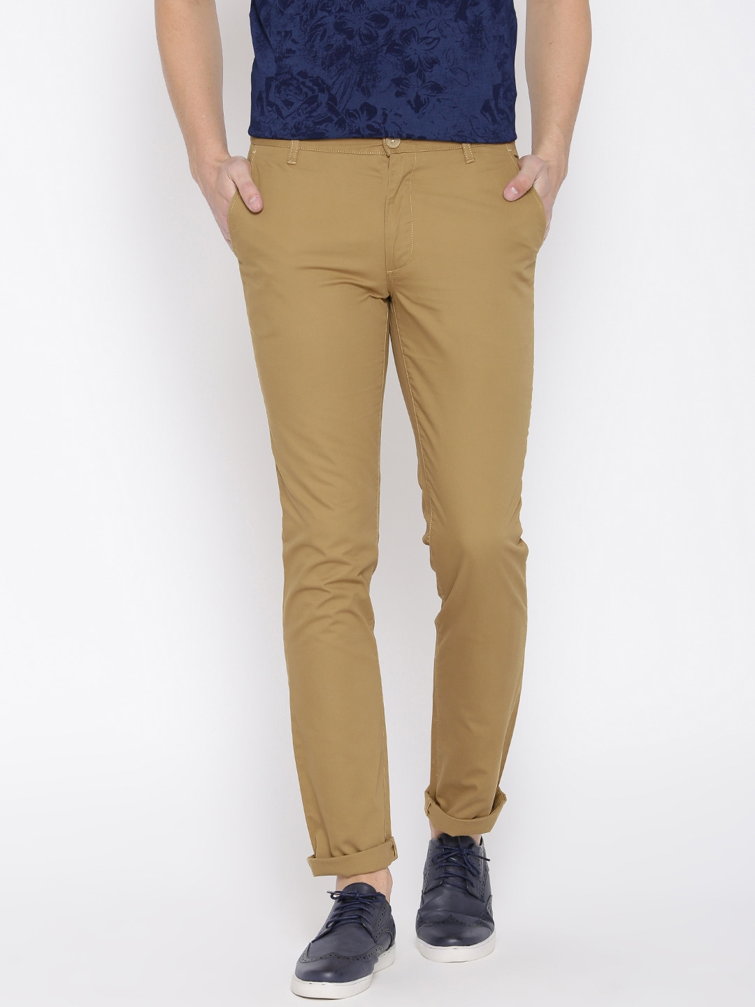 John Players Men Brown Solid Slim Fit Flat-Front Trousers